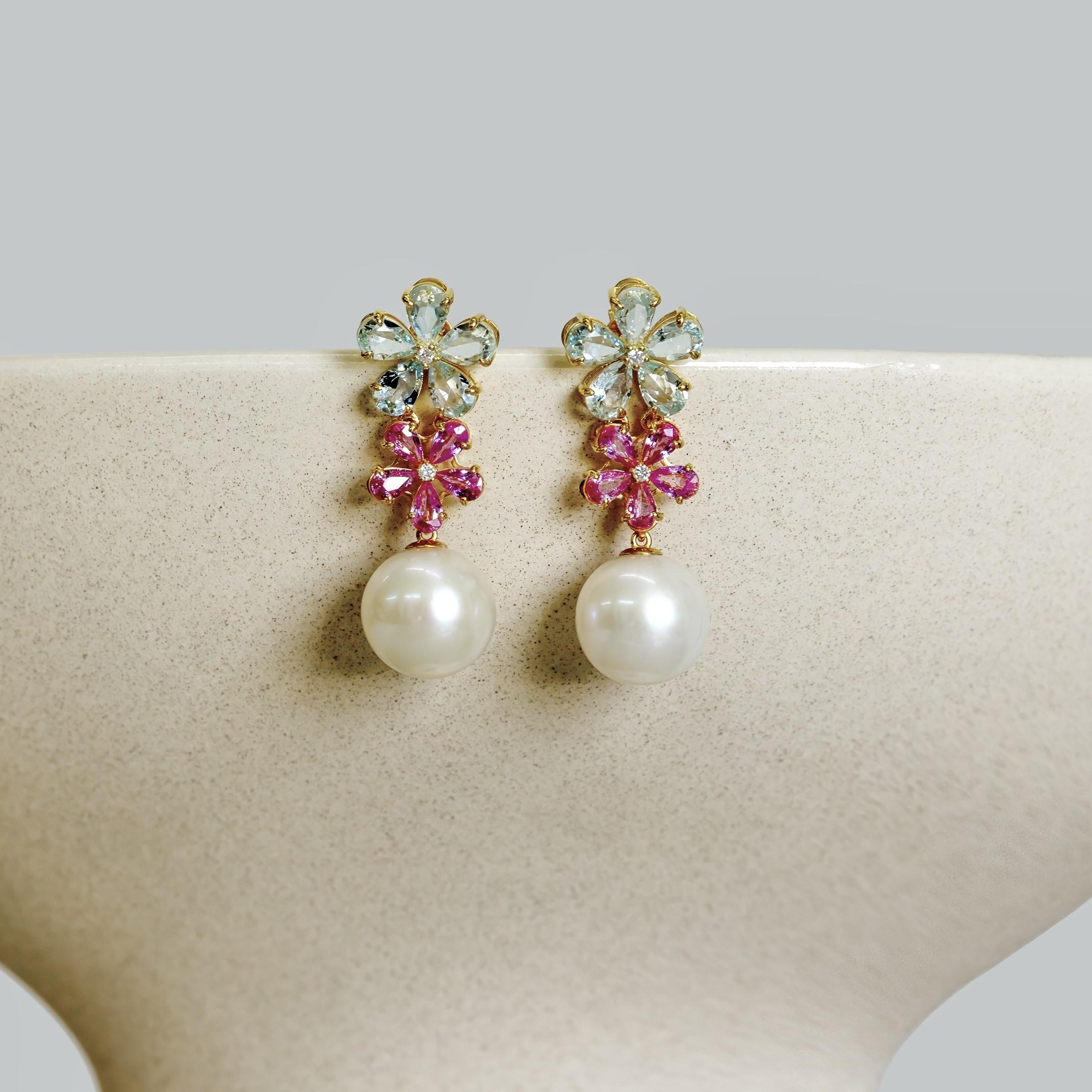 Nina Zhou - Boucles d'oreilles convertibles en perles aigue-marine, saphir rose et fleurs 12-13 mm en vente 1