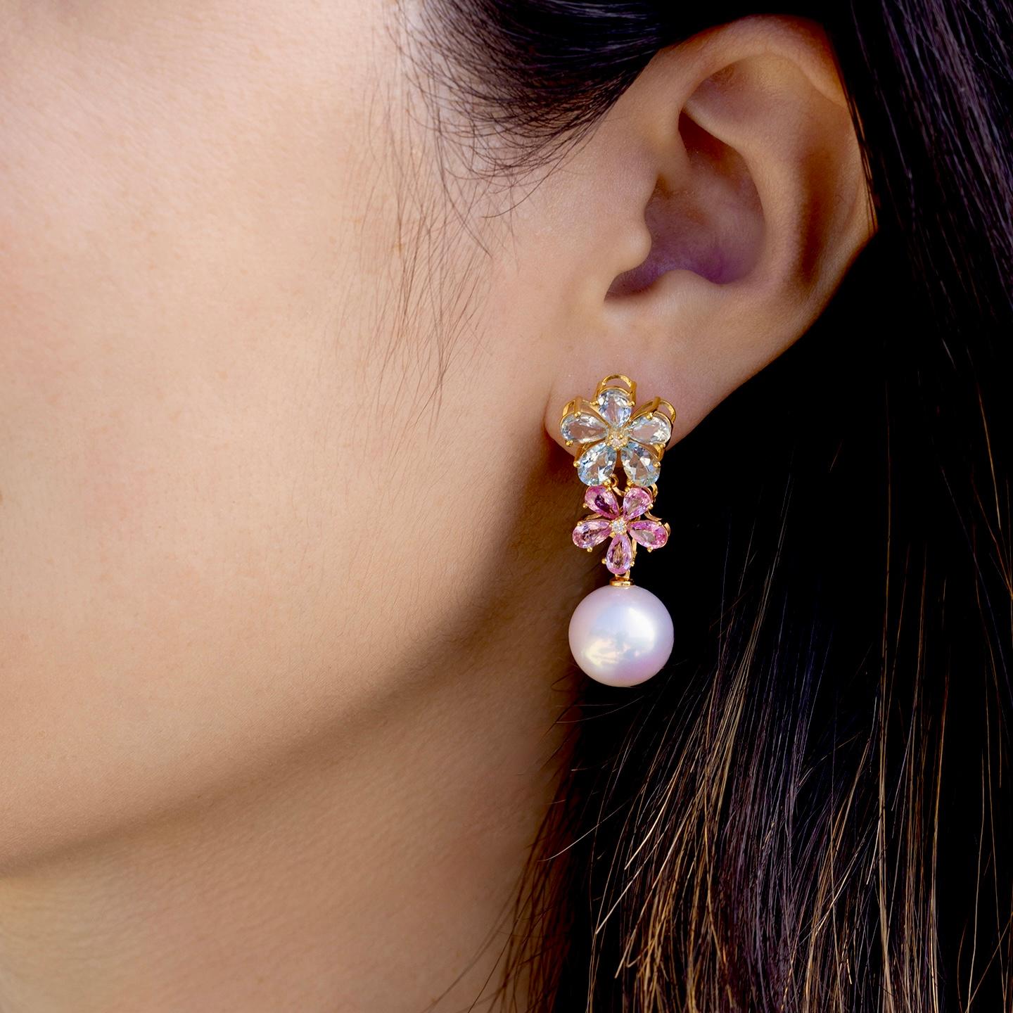 Nina Zhou - Boucles d'oreilles convertibles en perles aigue-marine, saphir rose et fleurs 12-13 mm Pour femmes en vente