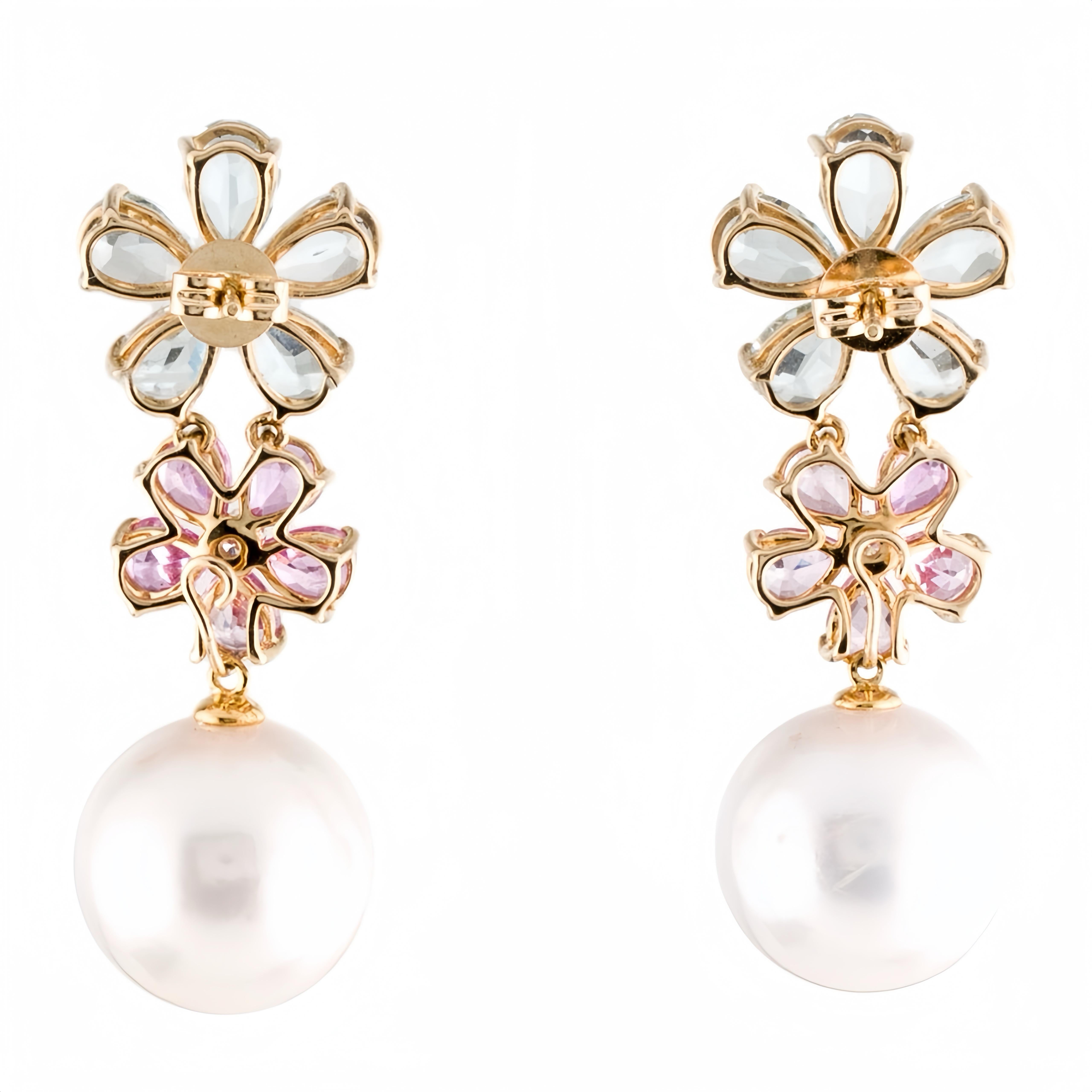Nina Zhou Aquamarine Pink Sapphire Blossom 12-13mm Pearl Convertible Earrings For Sale 2
