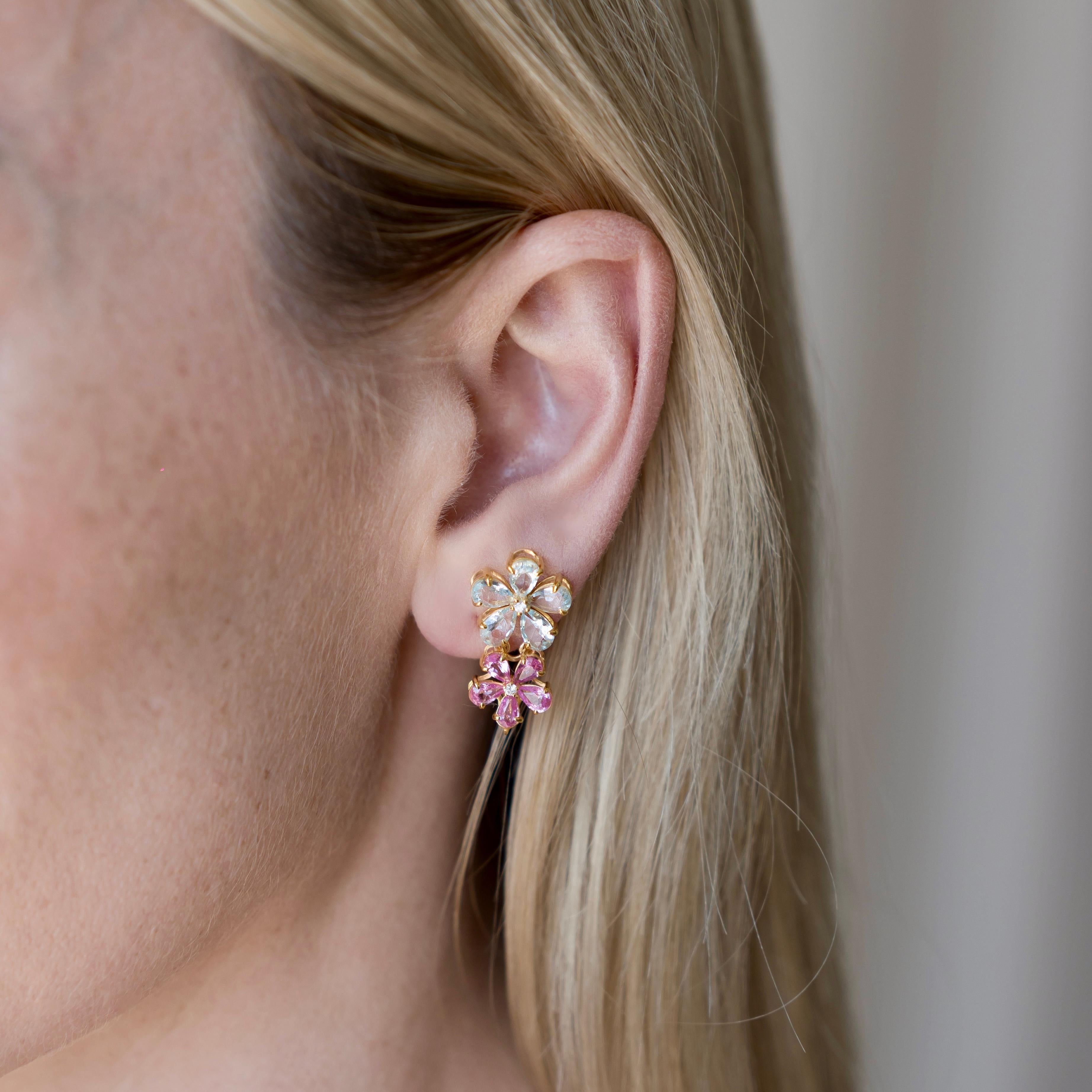 Nina Zhou - Boucles d'oreilles convertibles en perles aigue-marine, saphir rose et fleurs 12-13 mm en vente 3