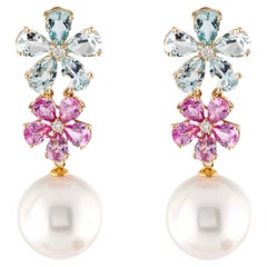 Nina Zhou Aquamarine Pink Sapphire Blossom 12-13mm Pearl Convertible Earrings