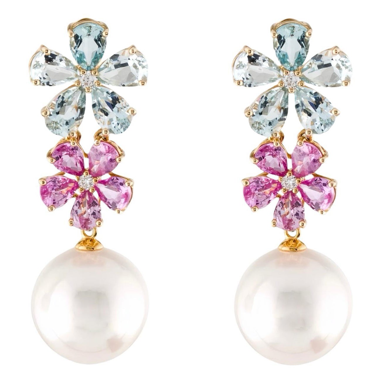 Nina Zhou, boucles d'oreilles convertibles aigue-marine, saphir rose, perle fleurie en vente
