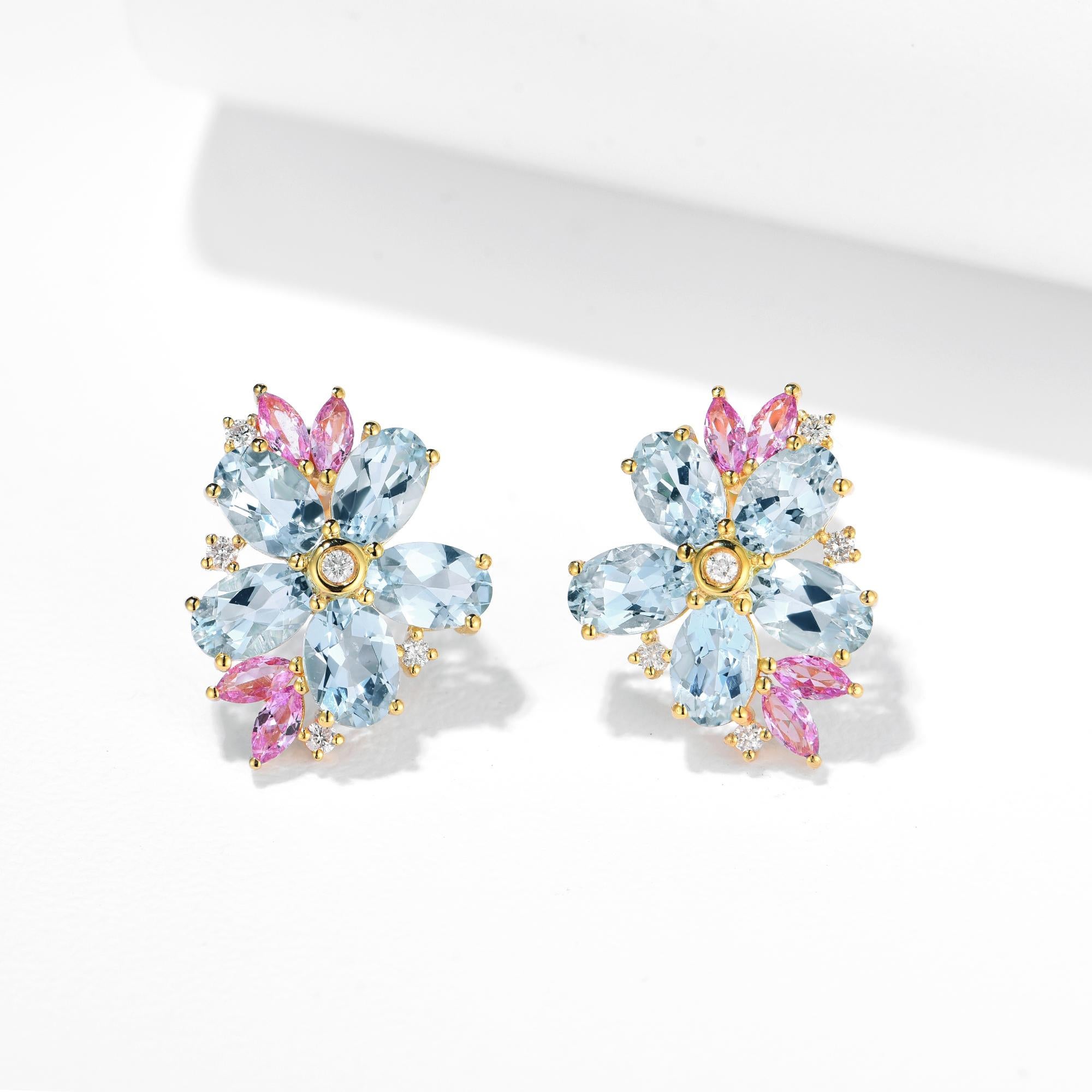 Donna Nina Zhou Orecchini a fiore di diamante con zaffiro rosa e acquamarina in vendita