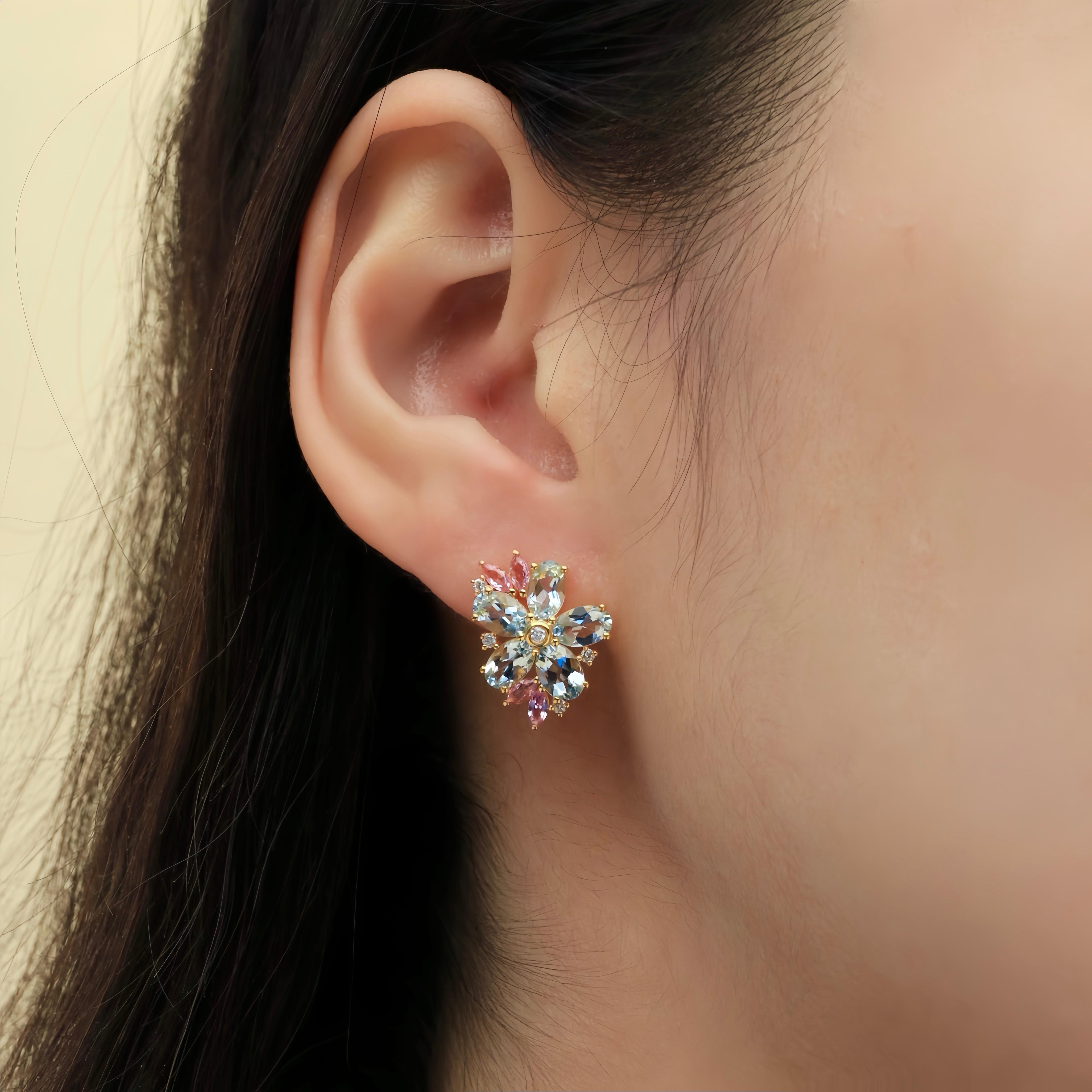 Nina Zhou Orecchini a fiore di diamante con zaffiro rosa e acquamarina in vendita 1