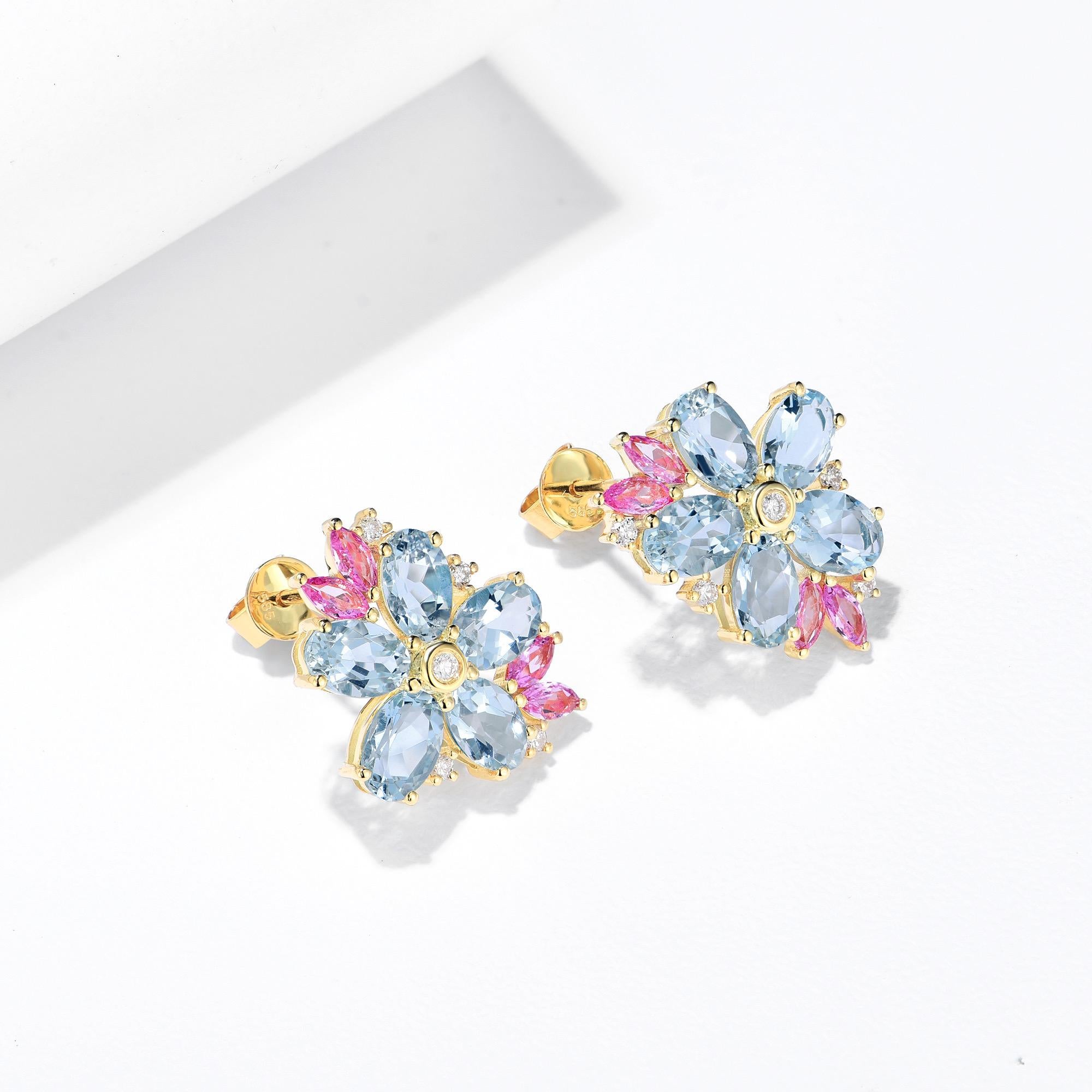 Nina Zhou Orecchini a fiore di diamante con zaffiro rosa e acquamarina in vendita 2