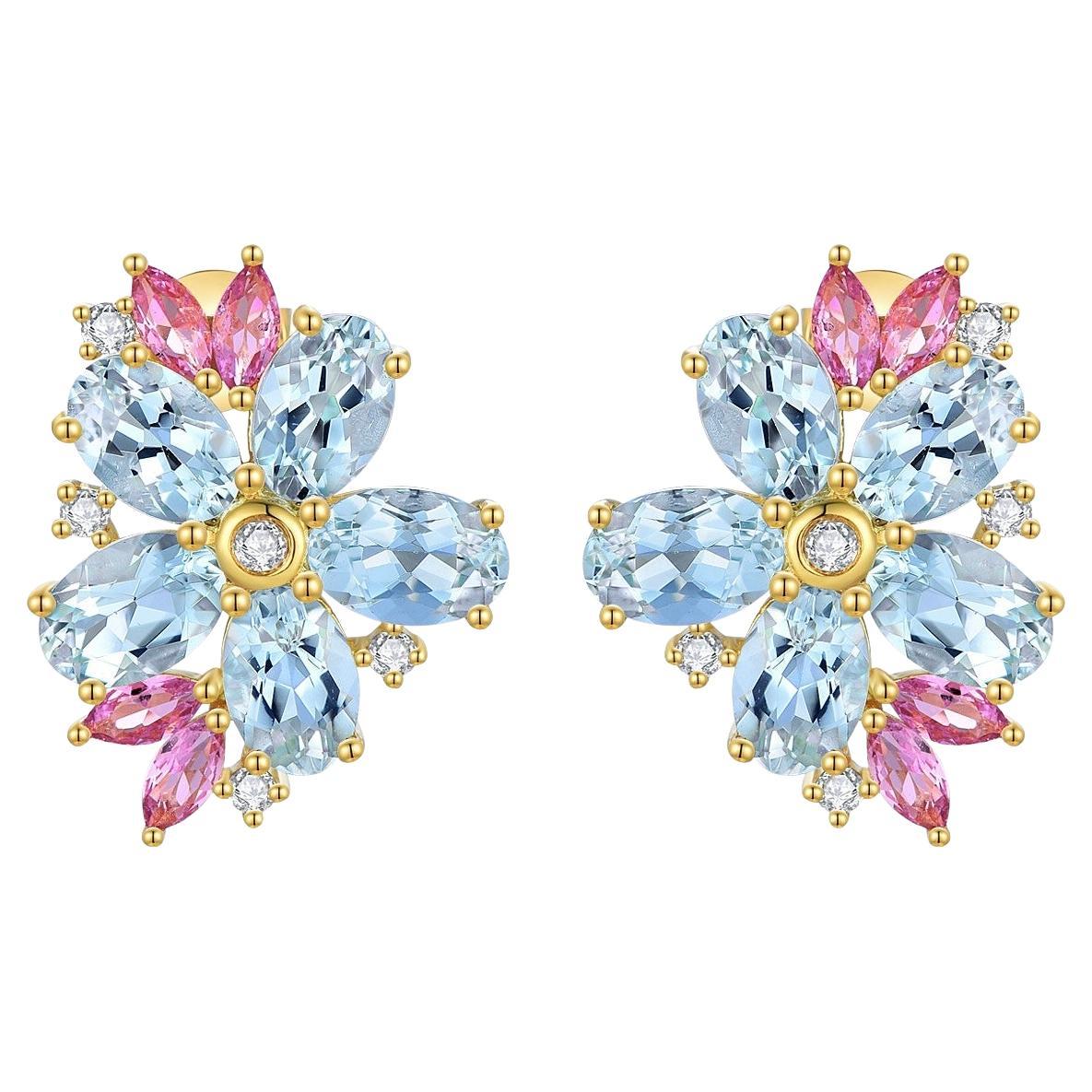 Nina Zhou Aquamarine Pink Sapphire Diamond Blossom Earrings