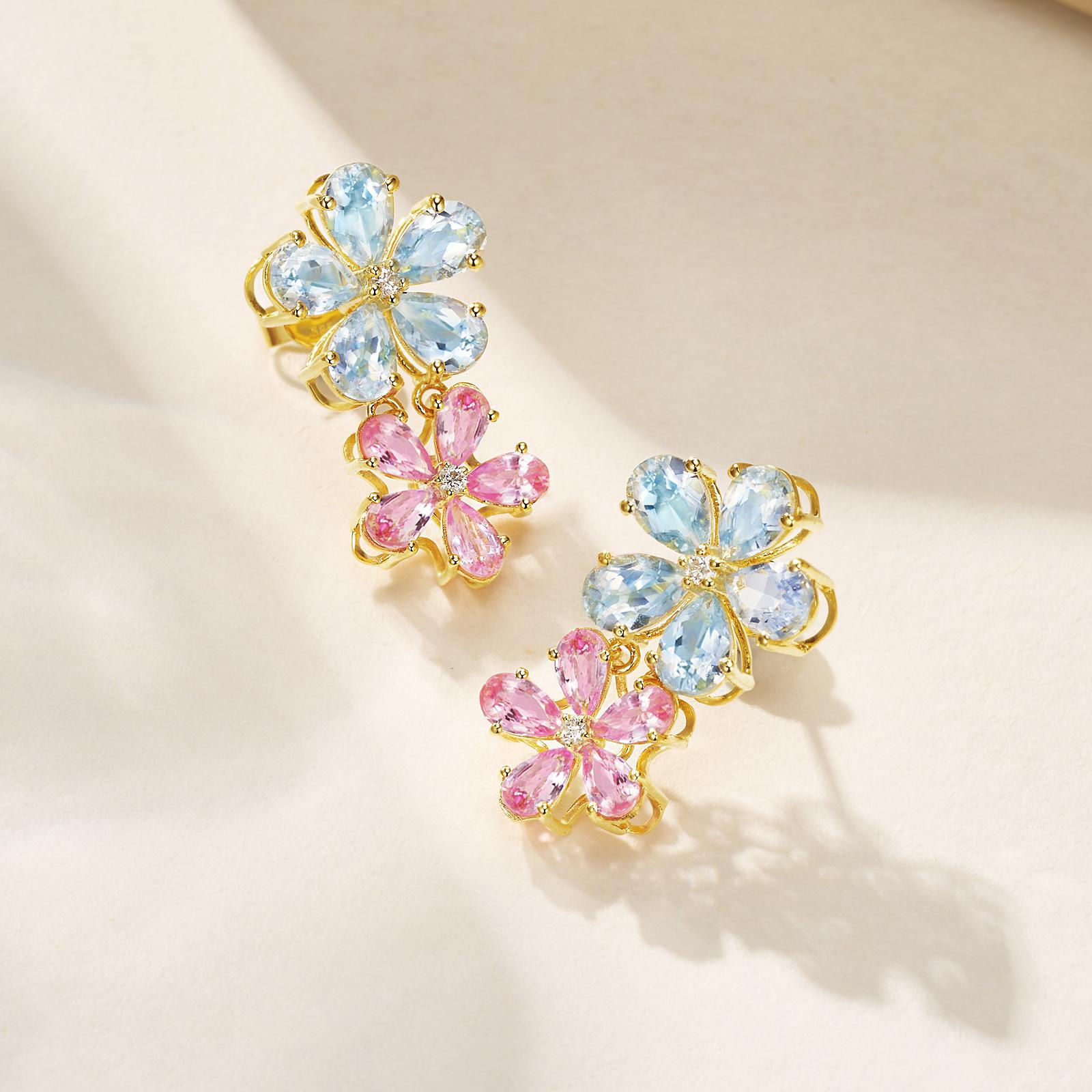 Modern Nina Zhou Aquamrine Pink Sapphire Diamond Double Blossom Drop Earrings For Sale