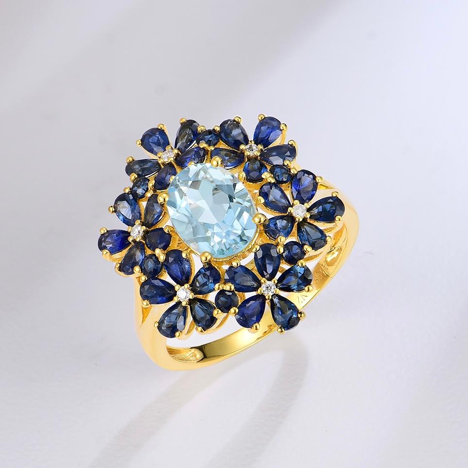 En venta: Anillo de Cóctel Flor de Diamantes Zafiro Aguamarina Nina Zhou  3