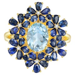 Nina Zhou Aquamarine Sapphire Diamond Blossom Cocktail Ring