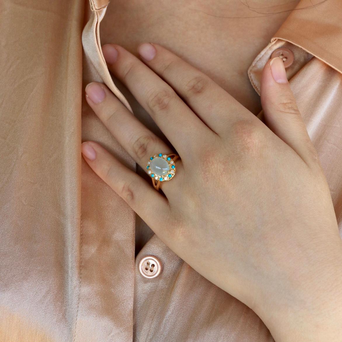 Nina Zhou 3.14 ctw Aquamarine Turquoise Diamond Vintage-Style Cocktail Ring In New Condition For Sale In Rowland Heights, CA