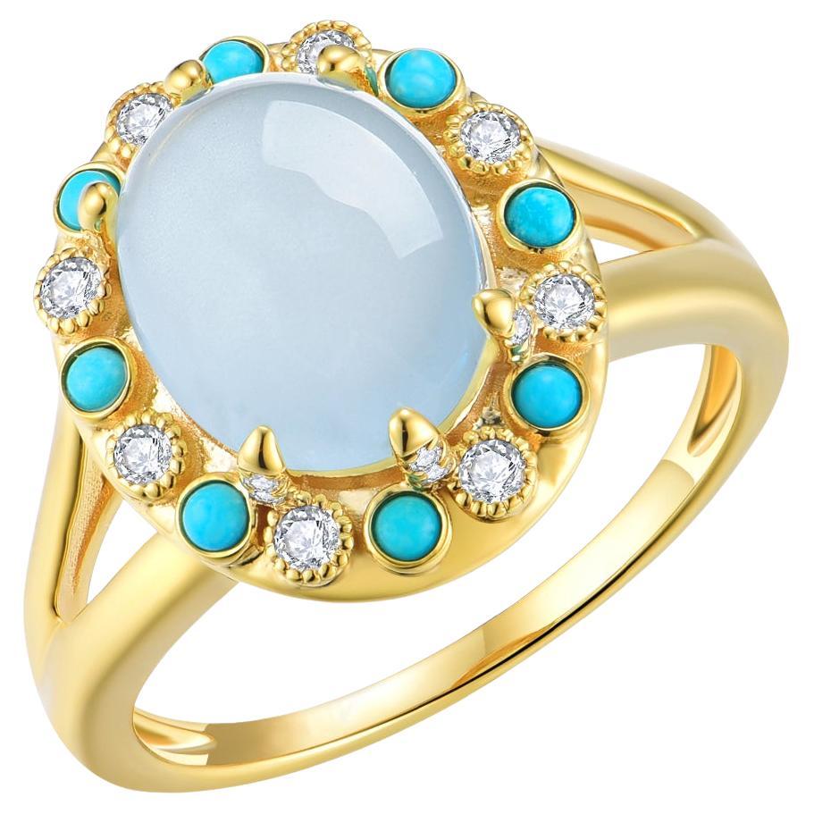 Nina Zhou Aquamarine Turquoise Diamond Vintage-Style Cocktail Ring