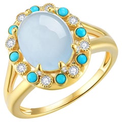 Nina Zhou, bague cocktail de style vintage avec aigue-marine, turquoise et diamants