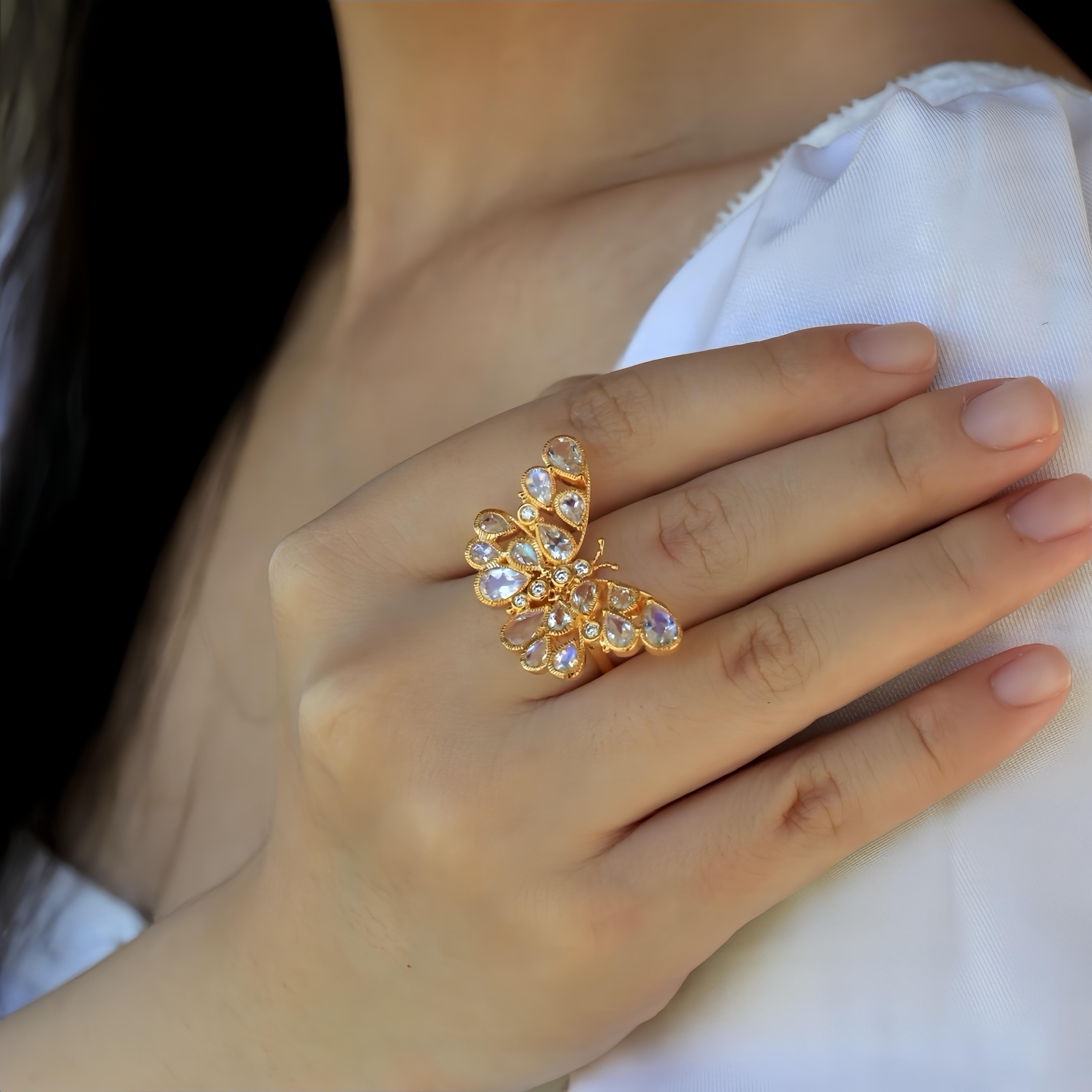 The Nina Zhou Butterfly Moonstone Diamond Cocktail Ring is a poetic tribute to freedom, beauty, and good fortune. Inspired by the delicate elegance of the butterfly, this ring captures the transformative magic of nature's most graceful creatures.