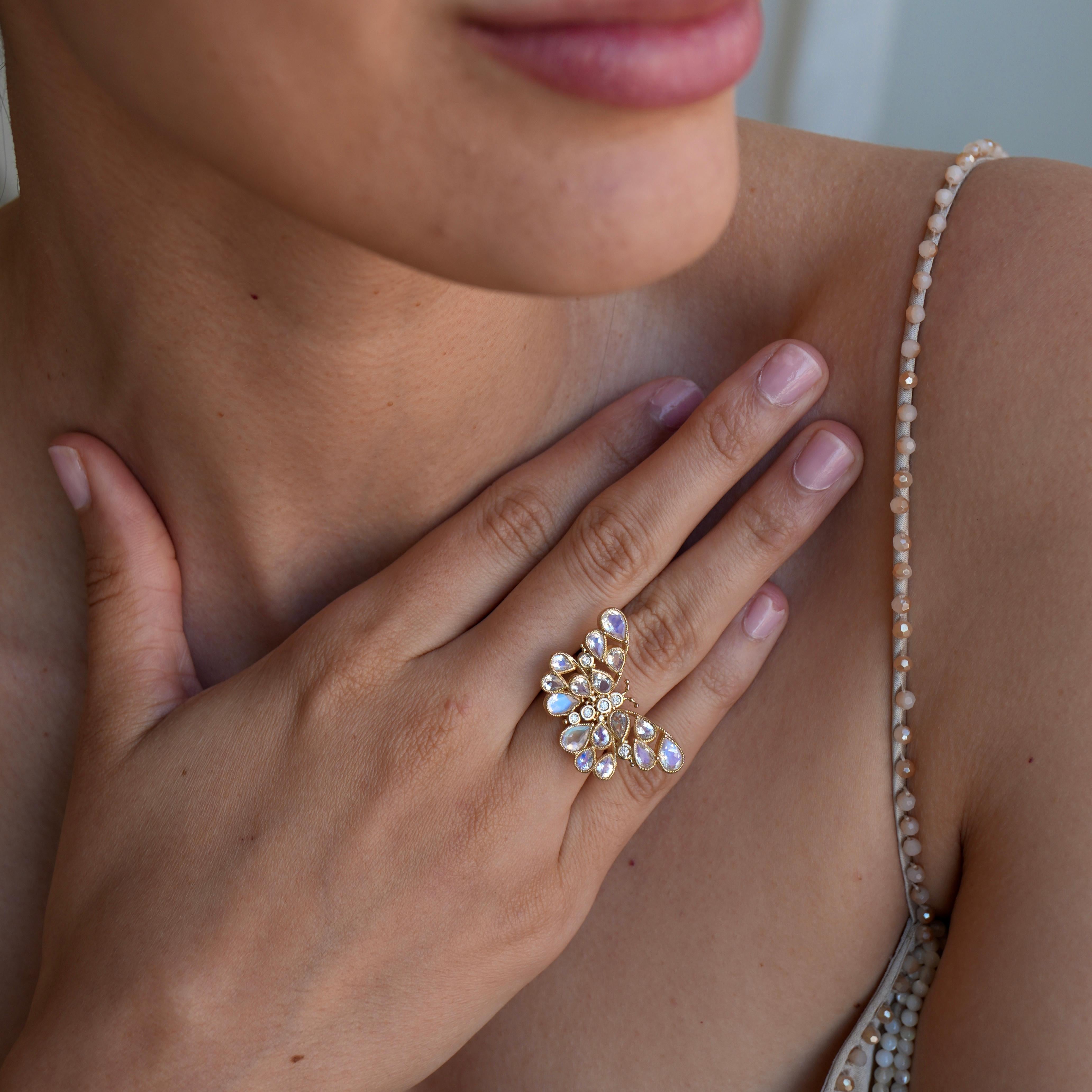 Pear Cut Nina Zhou Butterfly 3.25ctw Moonstone & Diamond Cocktail Ring For Sale