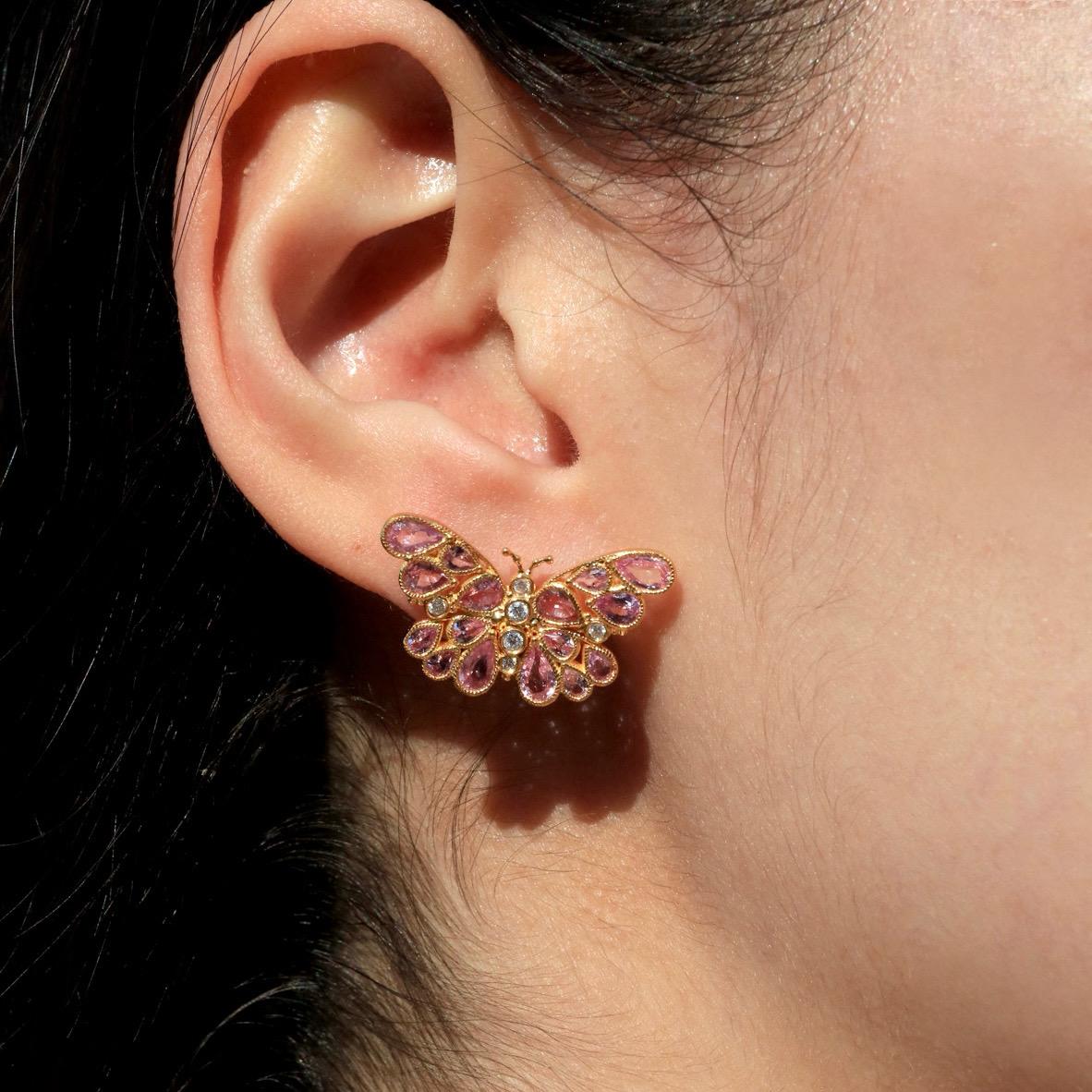 Modern Nina Zhou Butterfly Pink Sapphire Diamond Earrings For Sale
