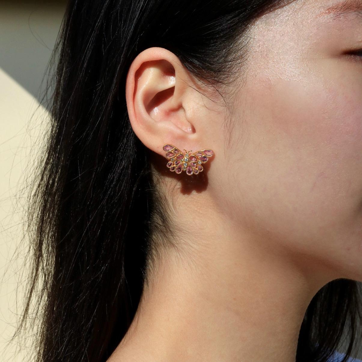 Pear Cut Nina Zhou Butterfly Pink Sapphire Diamond Earrings For Sale