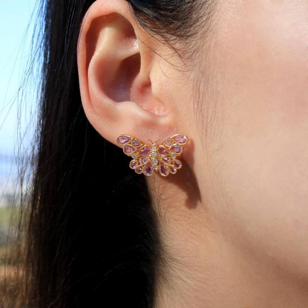 Nina Zhou Butterfly Pink Sapphire Diamond Earrings In New Condition For Sale In Rowland Heights, CA