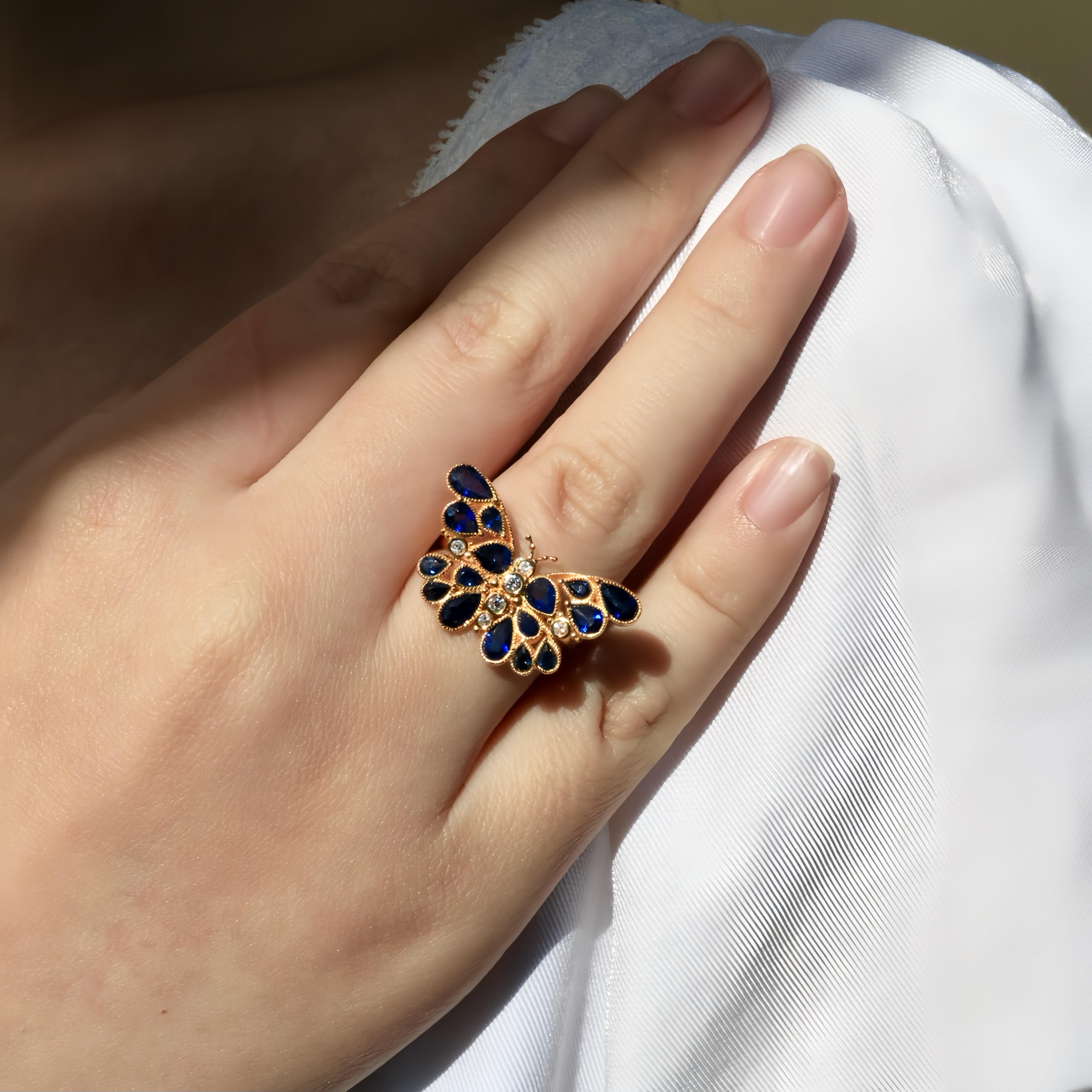 Pear Cut Nina Zhou Butterfly Sapphire Diamond Cocktail Ring For Sale