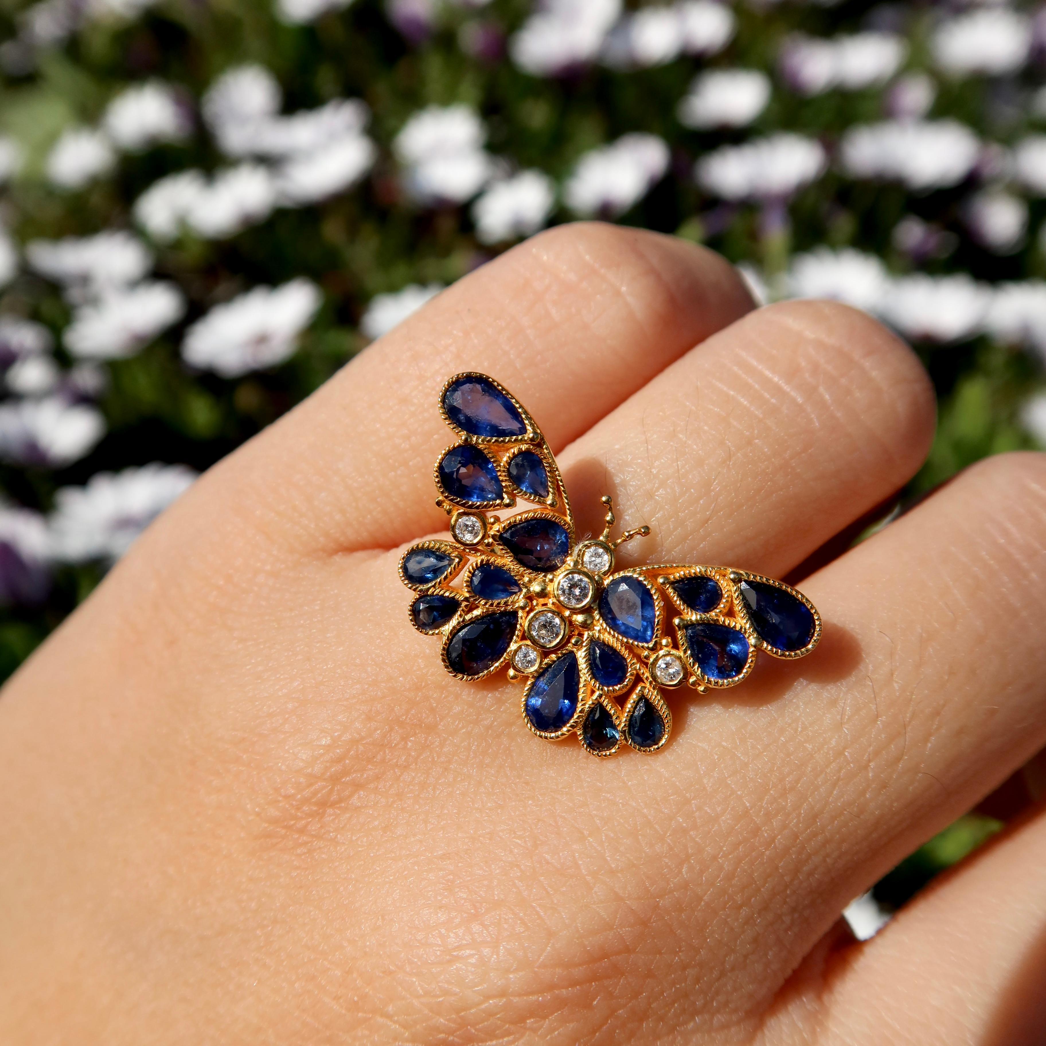 Modern Nina Zhou Butterfly Sapphire Diamond Cocktail Ring For Sale