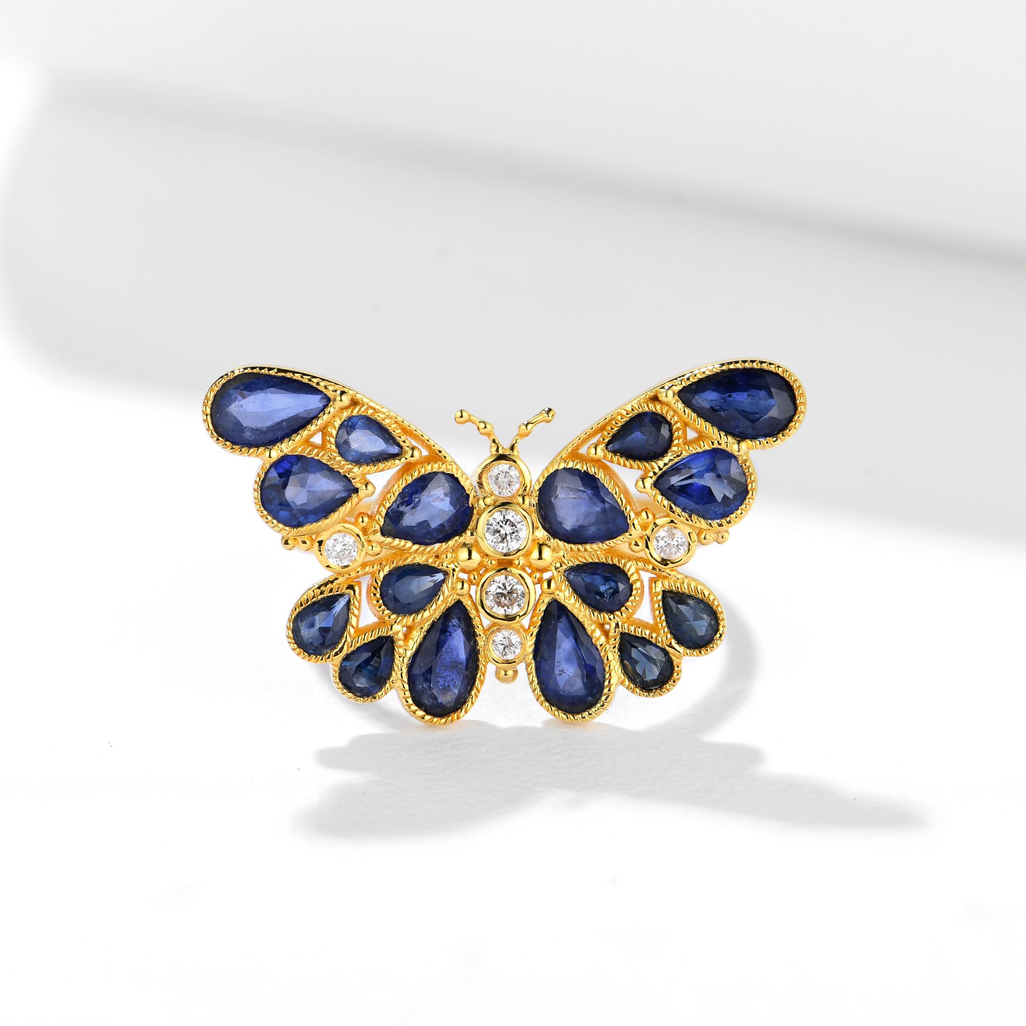 Nina Zhou Butterfly Sapphire Diamond Cocktail Ring In New Condition For Sale In Rowland Heights, CA