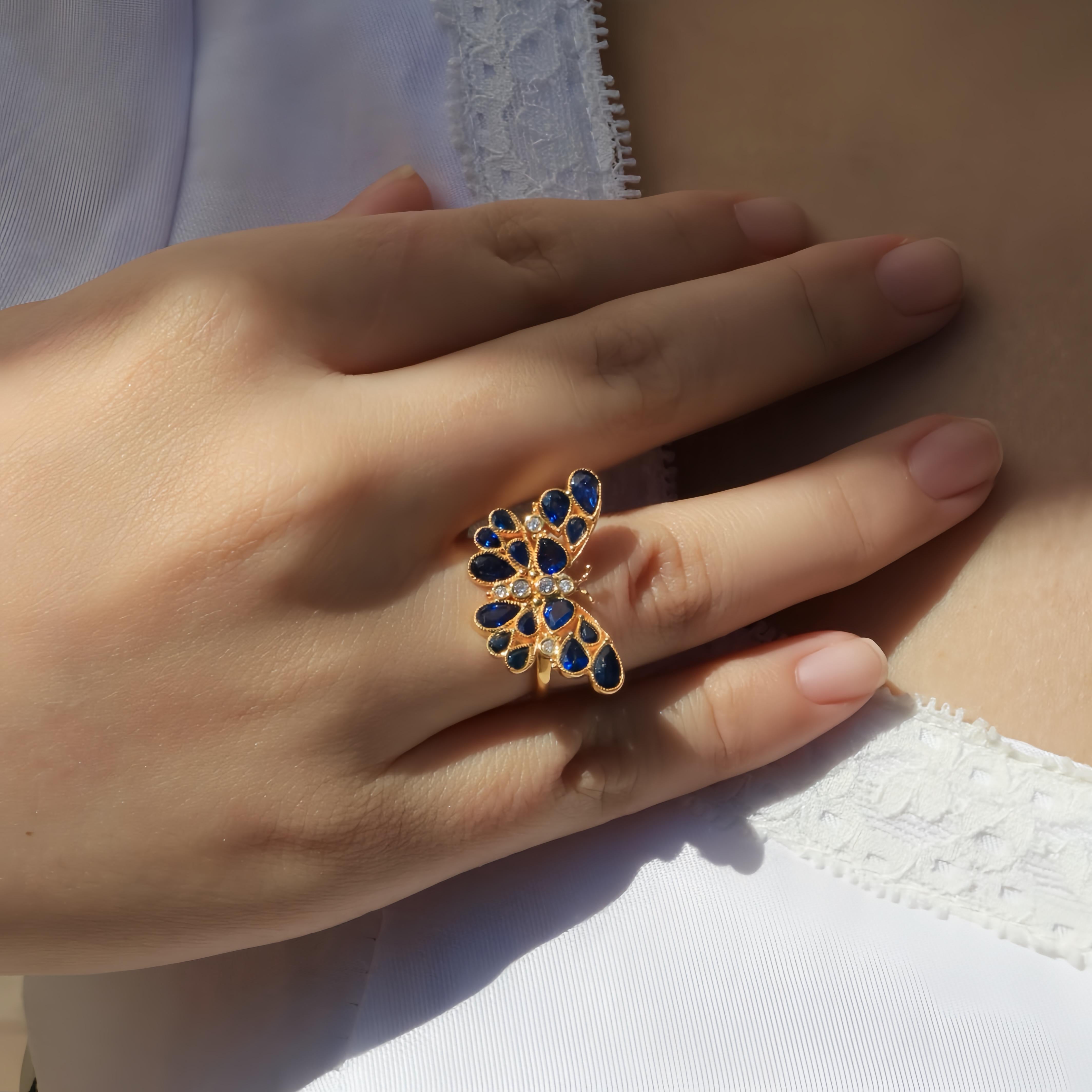 Nina Zhou Butterfly Sapphire Diamond Cocktail Ring For Sale 2