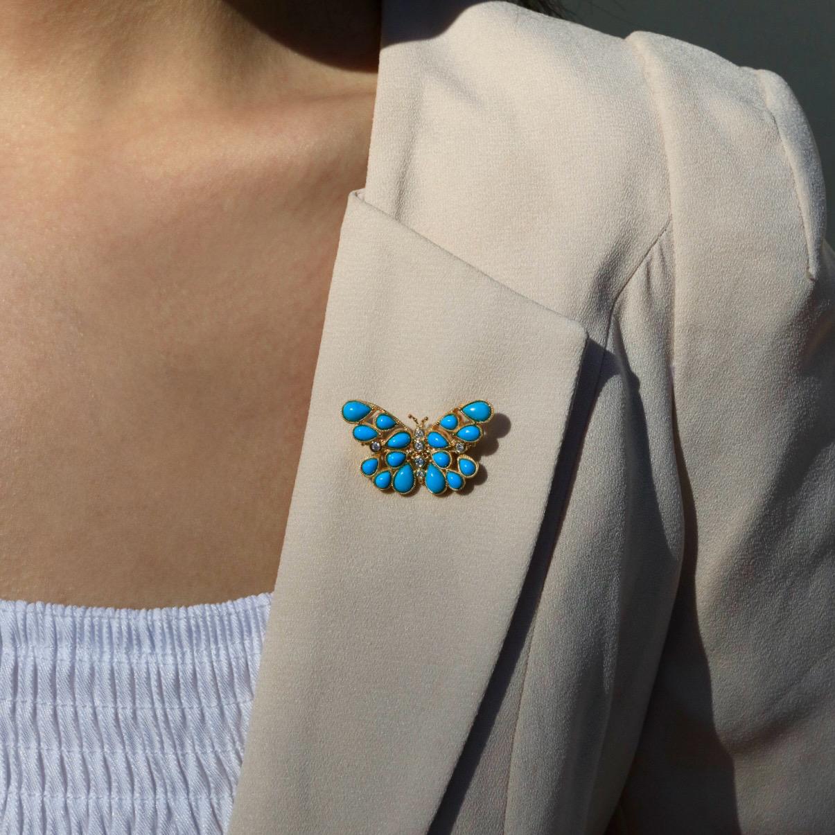Pear Cut Nina Zhou Butterfly Turquoise Diamond Brooch