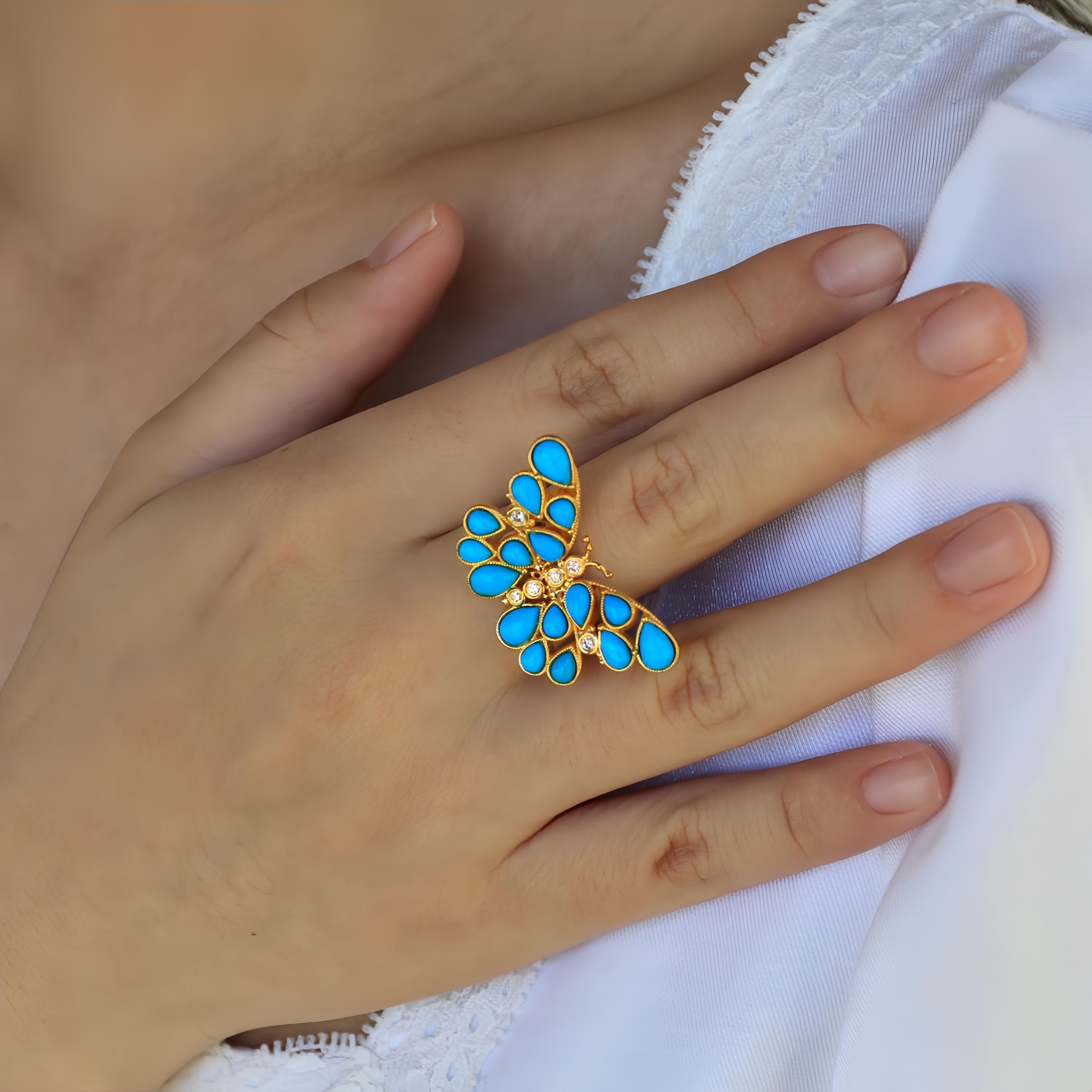 Nina Zhou Butterfly Turquoise Diamond Cocktail Ring For Sale 6