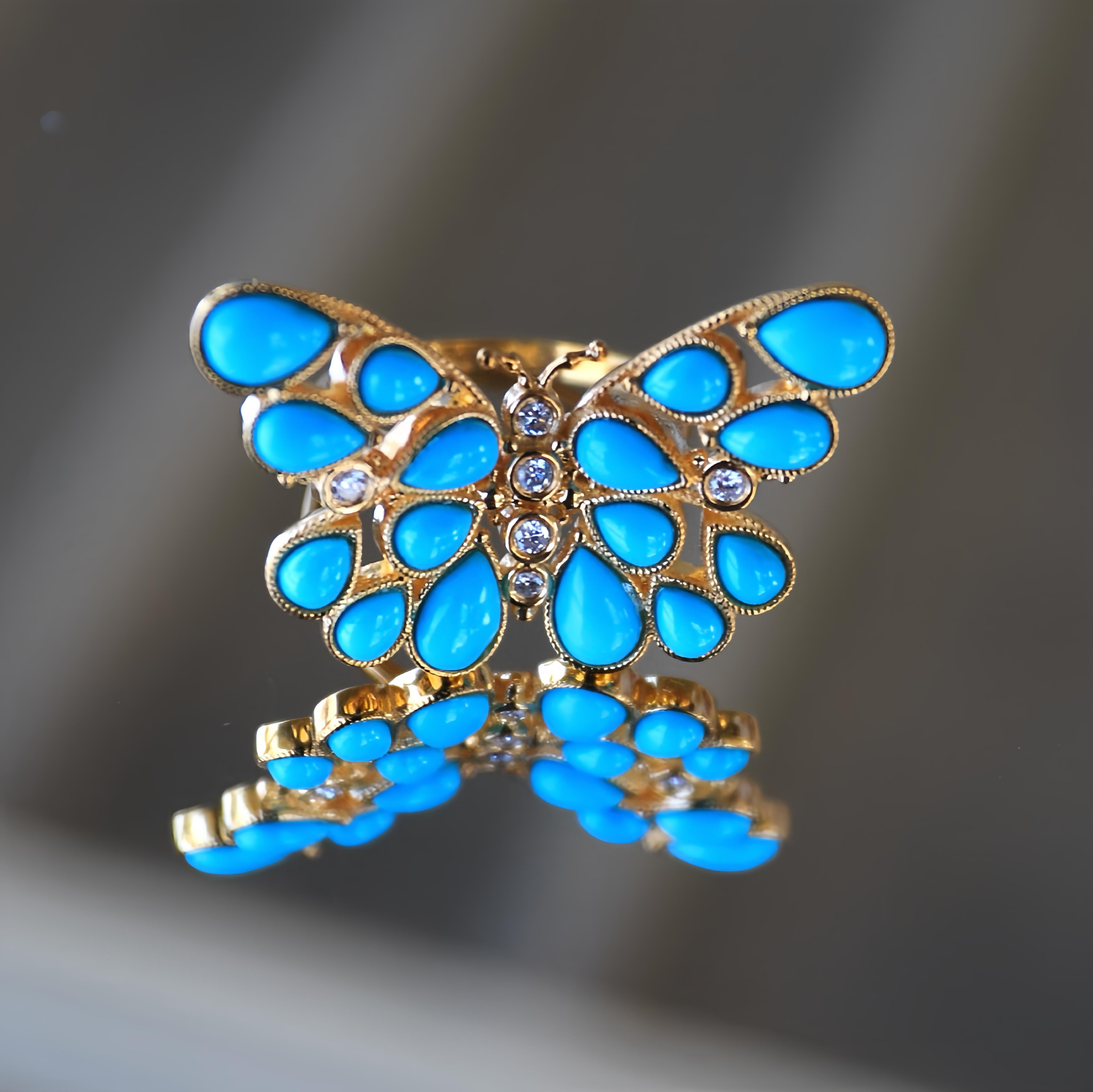 Nina Zhou Butterfly Turquoise Diamond Cocktail Ring For Sale 7