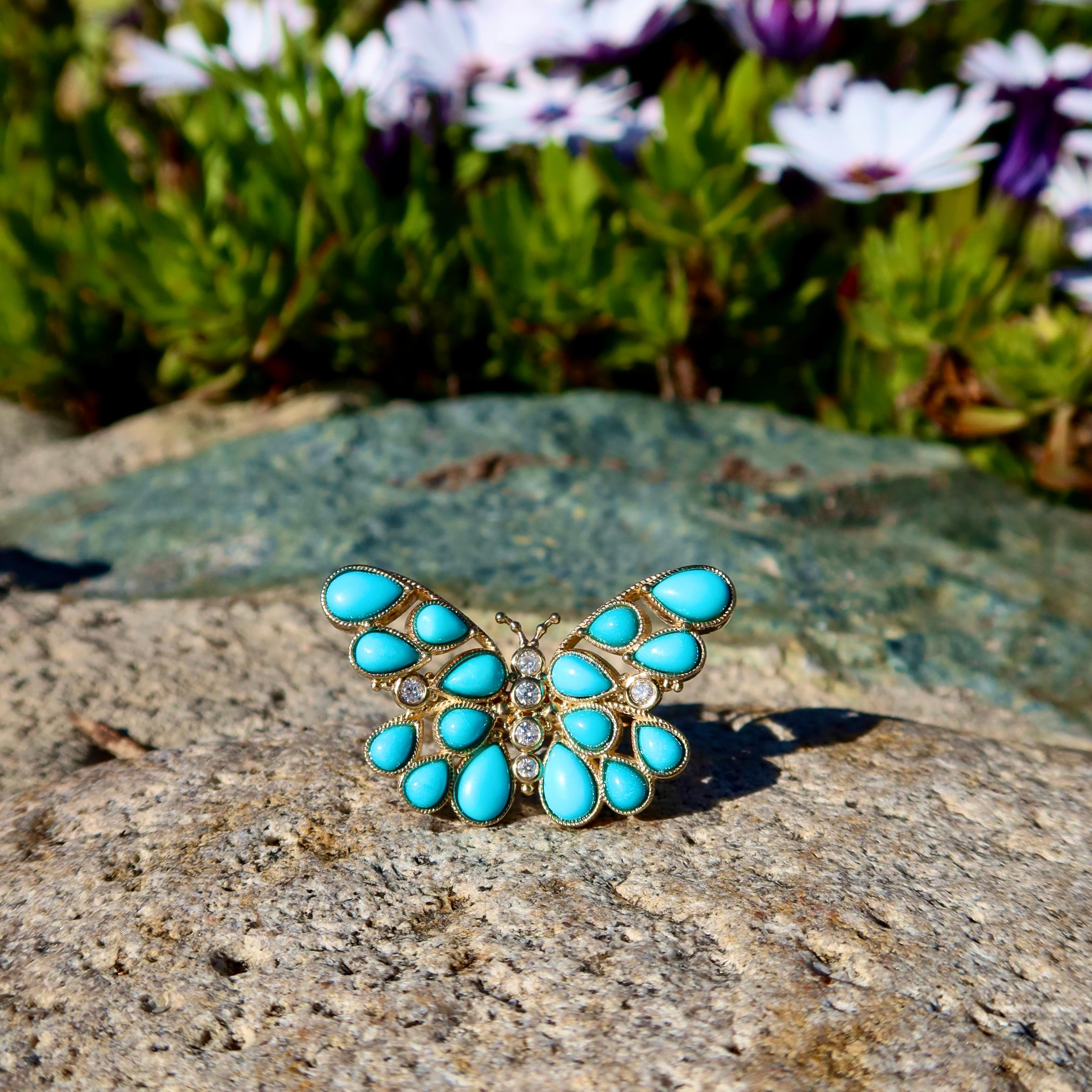 Nina Zhou Butterfly Turquoise Diamond Cocktail Ring For Sale 3