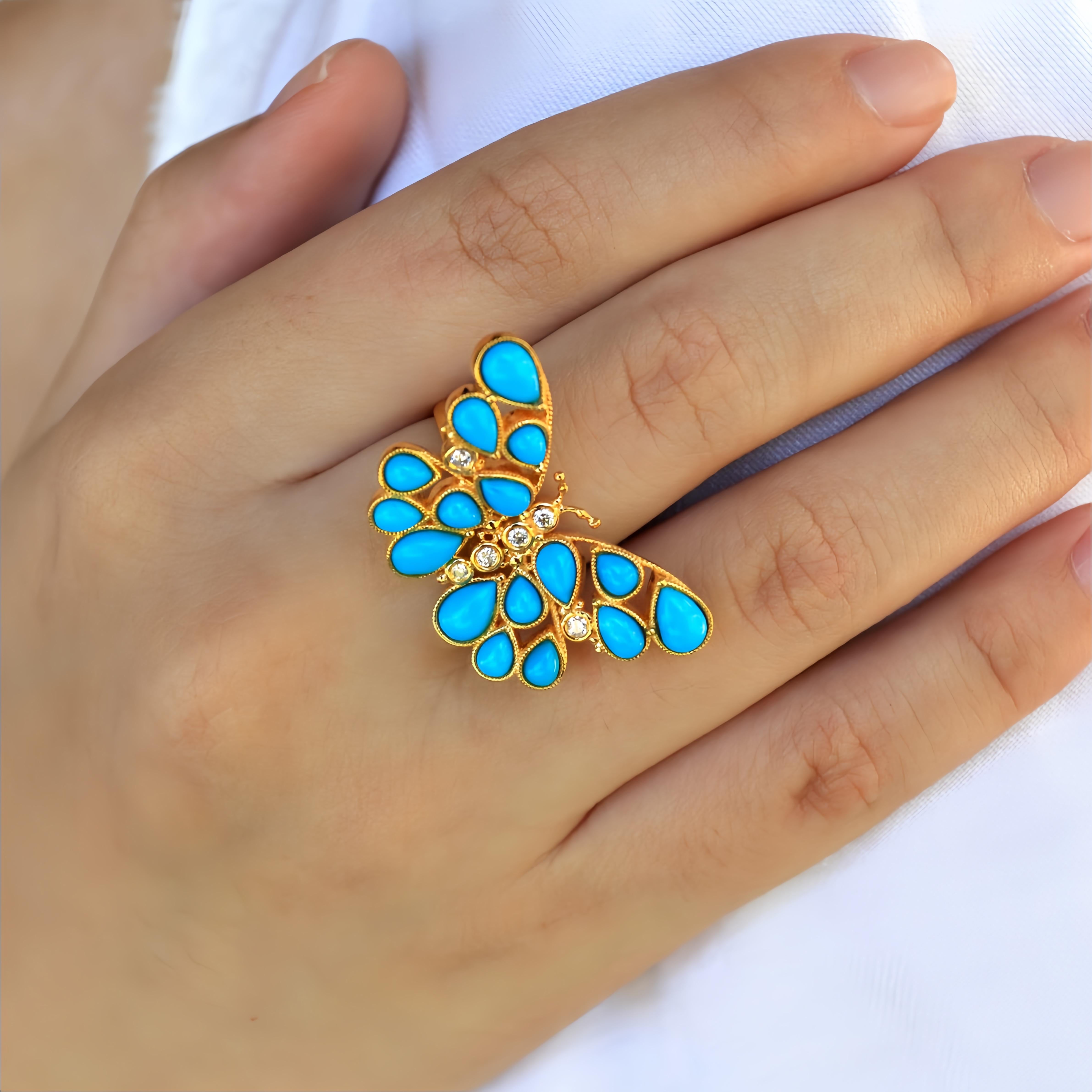 The Nina Zhou Butterfly Turquoise Diamond Cocktail Ring is a radiant celebration of freedom, beauty, and good fortune. Inspired by the enchanting grace of butterflies, this ring captures the essence of nature’s most delicate creatures. As consisted