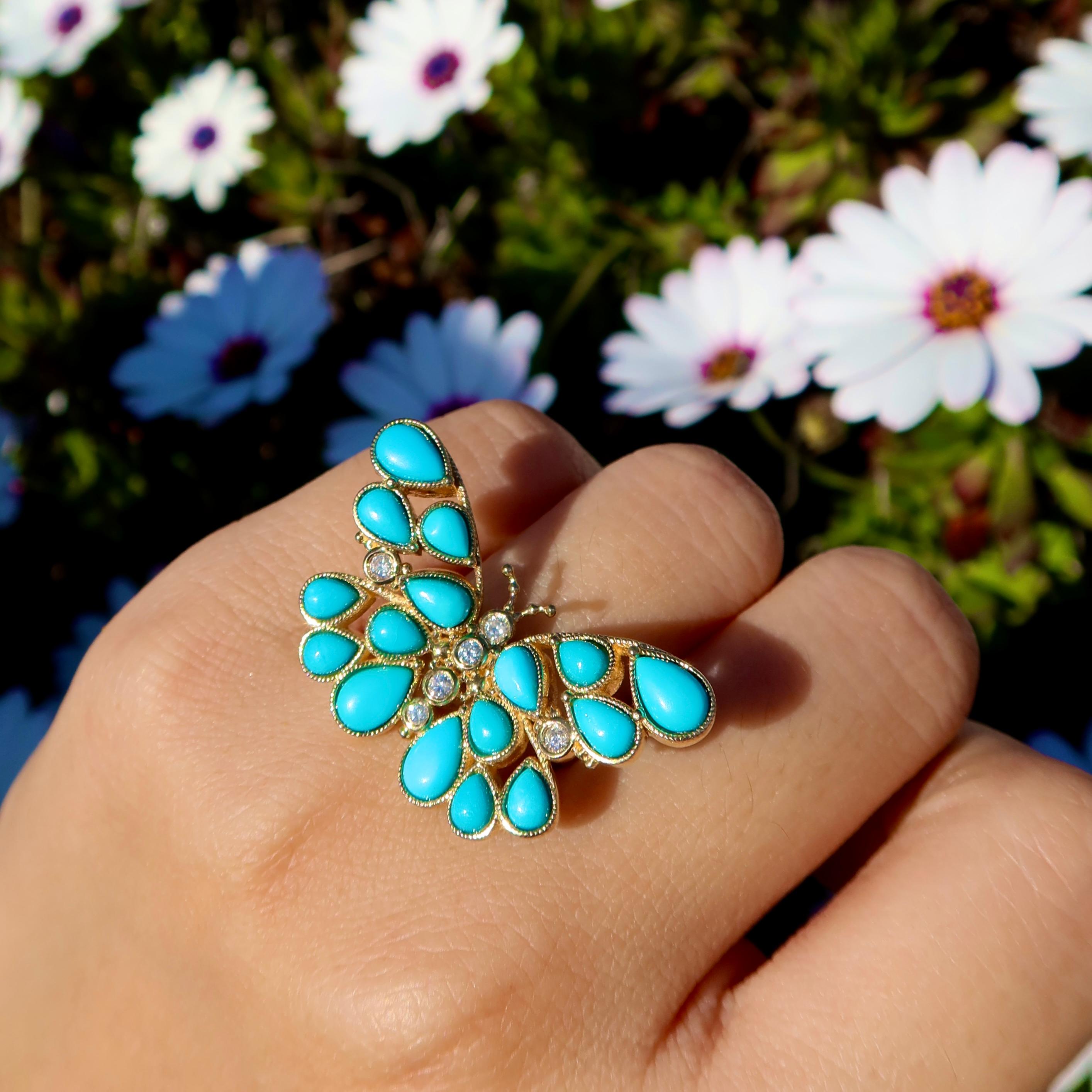 Modern Nina Zhou Butterfly Turquoise Diamond Cocktail Ring For Sale
