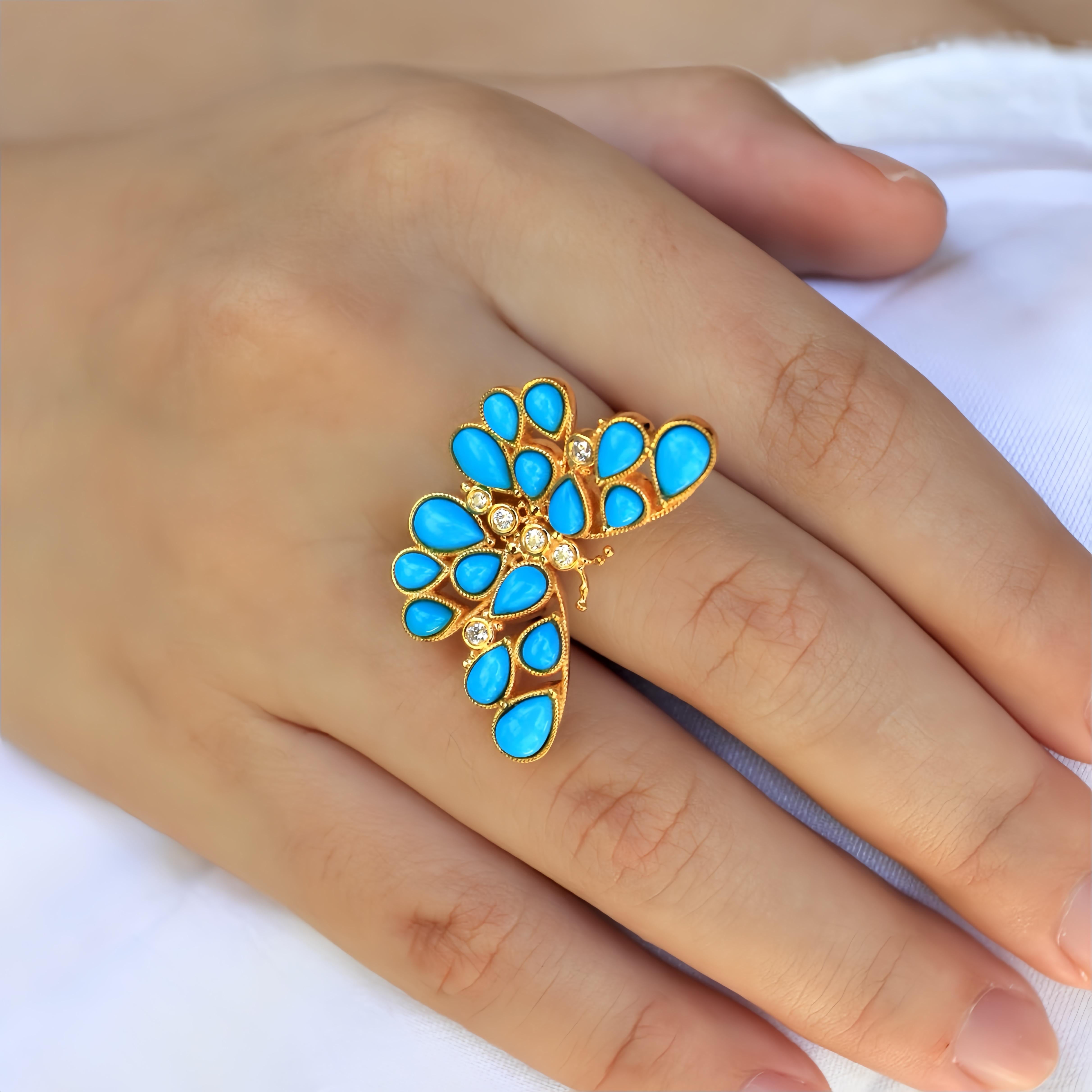Nina Zhou Butterfly Turquoise Diamond Cocktail Ring For Sale 2