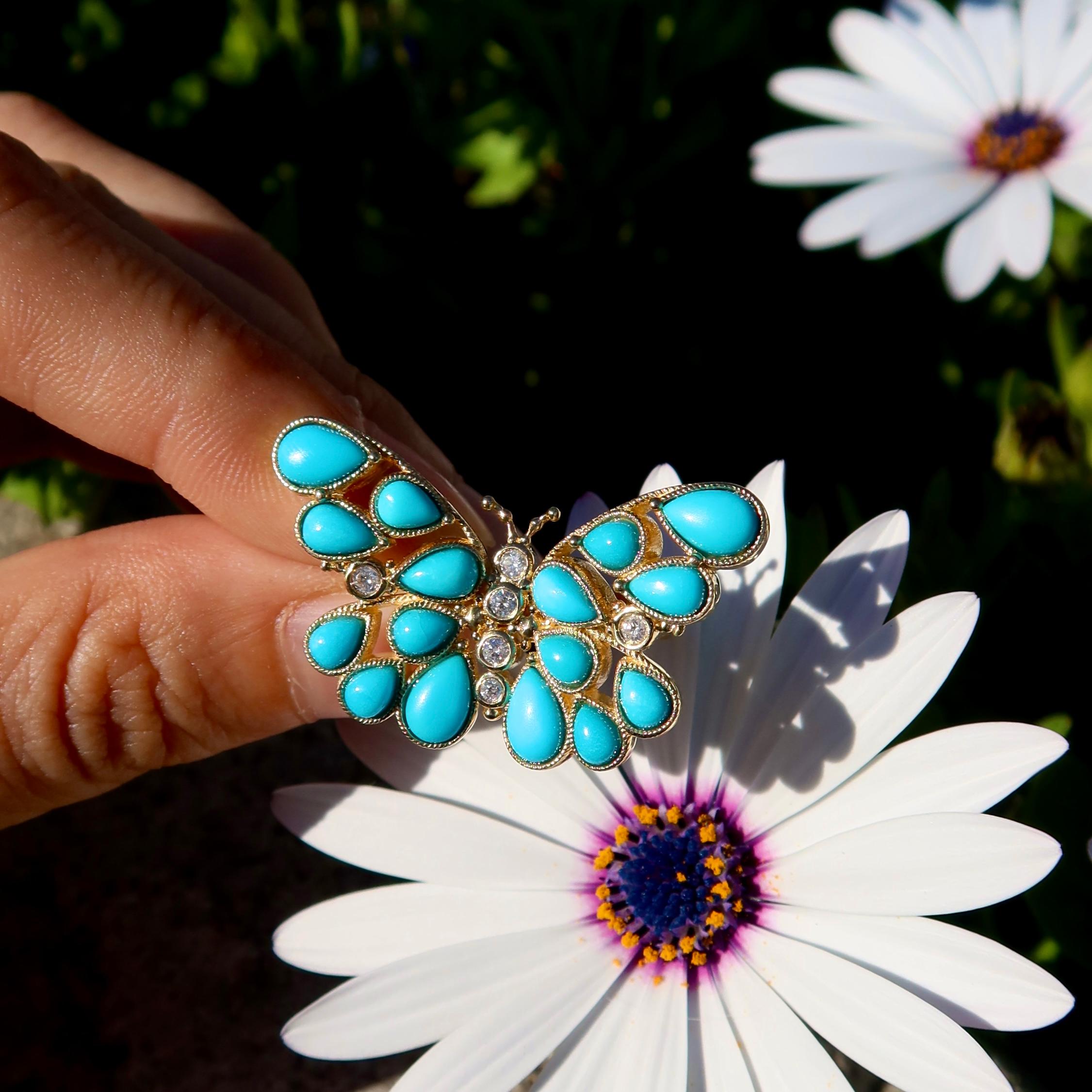 Nina Zhou Butterfly Turquoise Diamond Cocktail Ring In New Condition For Sale In Rowland Heights, CA