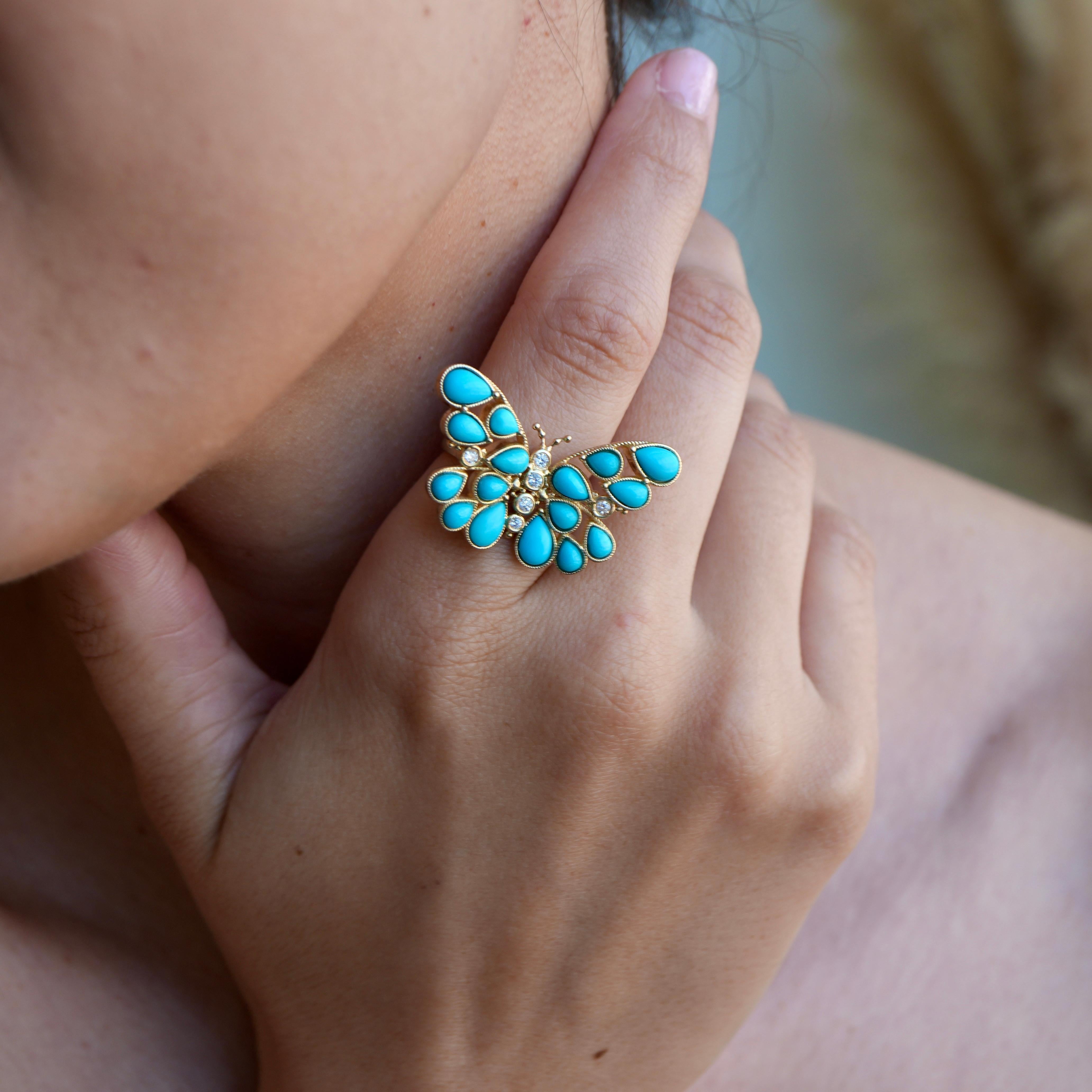 Pear Cut Nina Zhou Butterfly Turquoise Diamond Cocktail Ring For Sale
