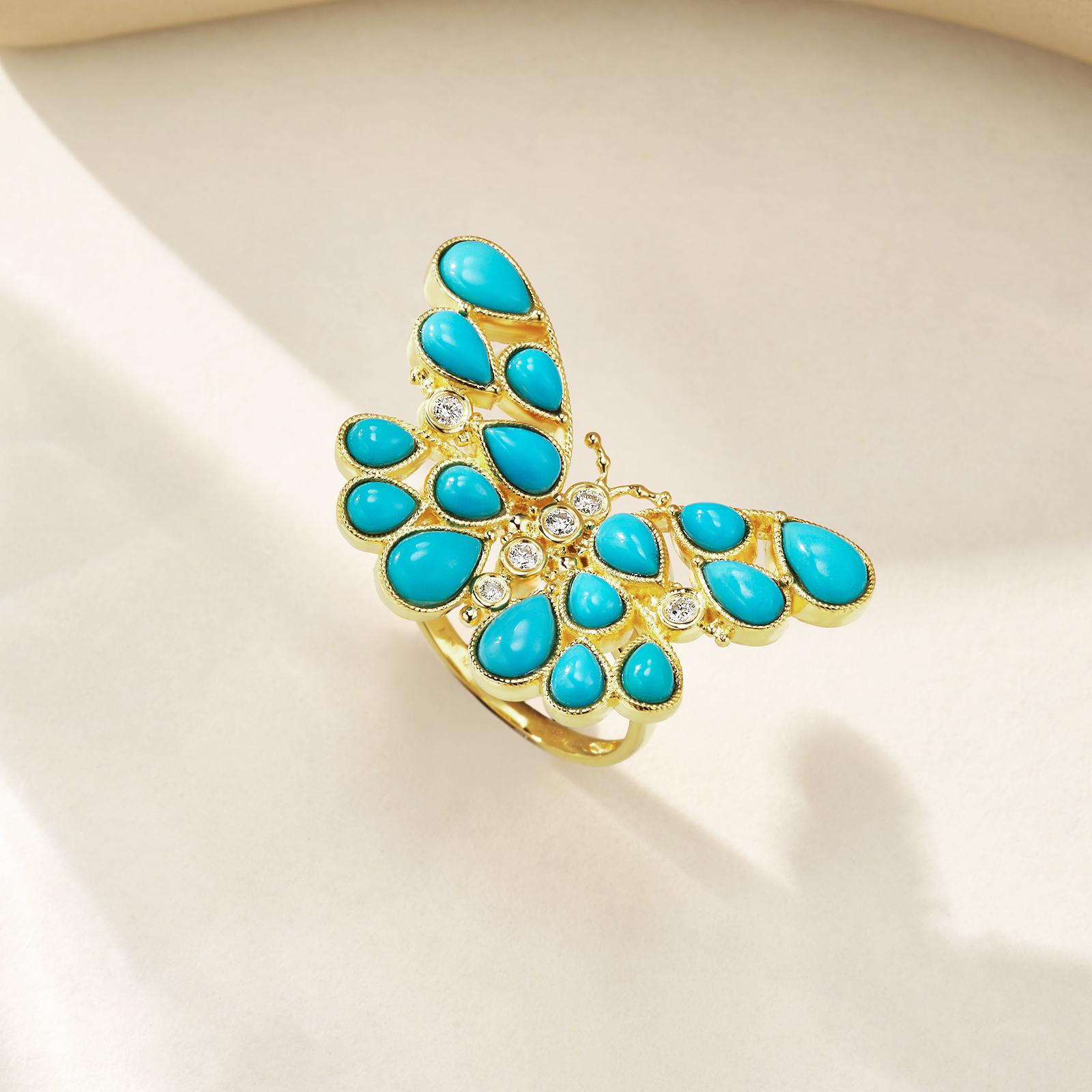 Nina Zhou Butterfly Turquoise Diamond Cocktail Ring For Sale 1