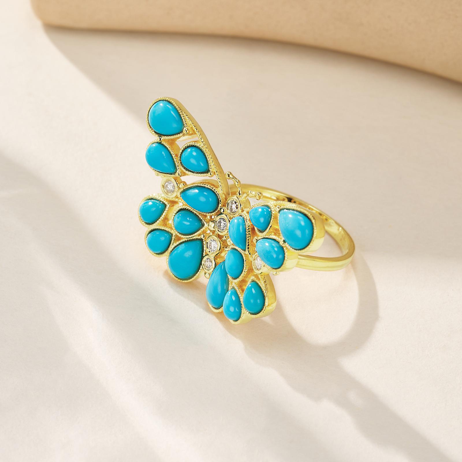 Nina Zhou Butterfly Turquoise Diamond Cocktail Ring For Sale 4