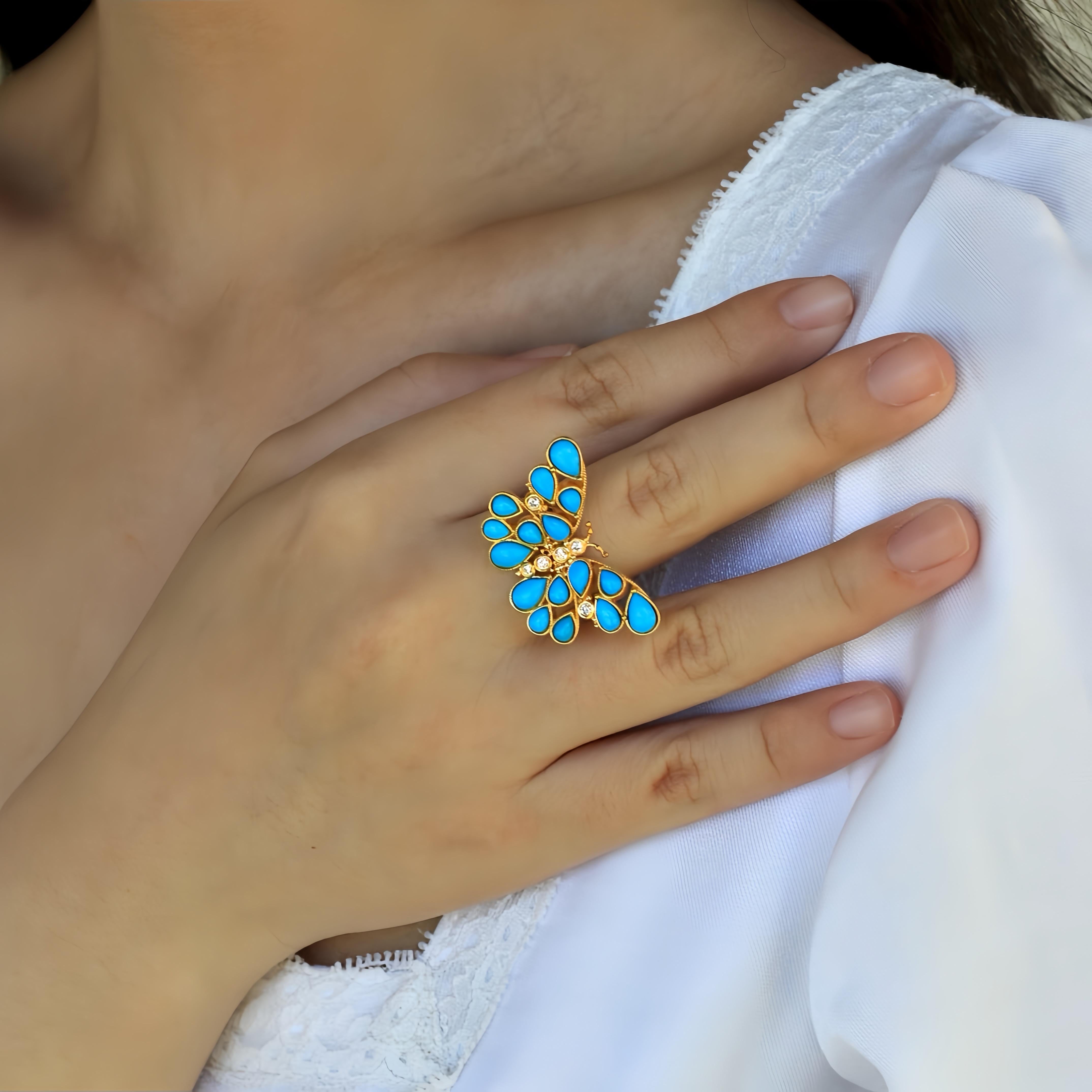 Nina Zhou Butterfly Turquoise Diamond Cocktail Ring For Sale 5