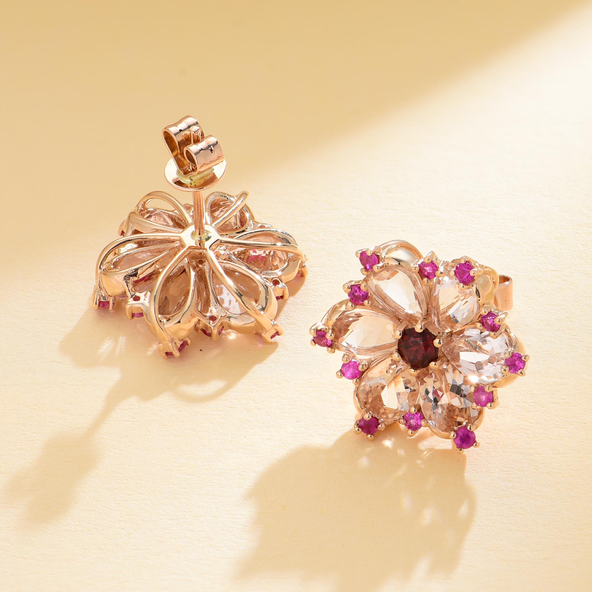 Nina Zhou 5.45ctw Morganite, Pink Sapphire, Rhodolite Carnation Flower Earrrings Moderno en venta
