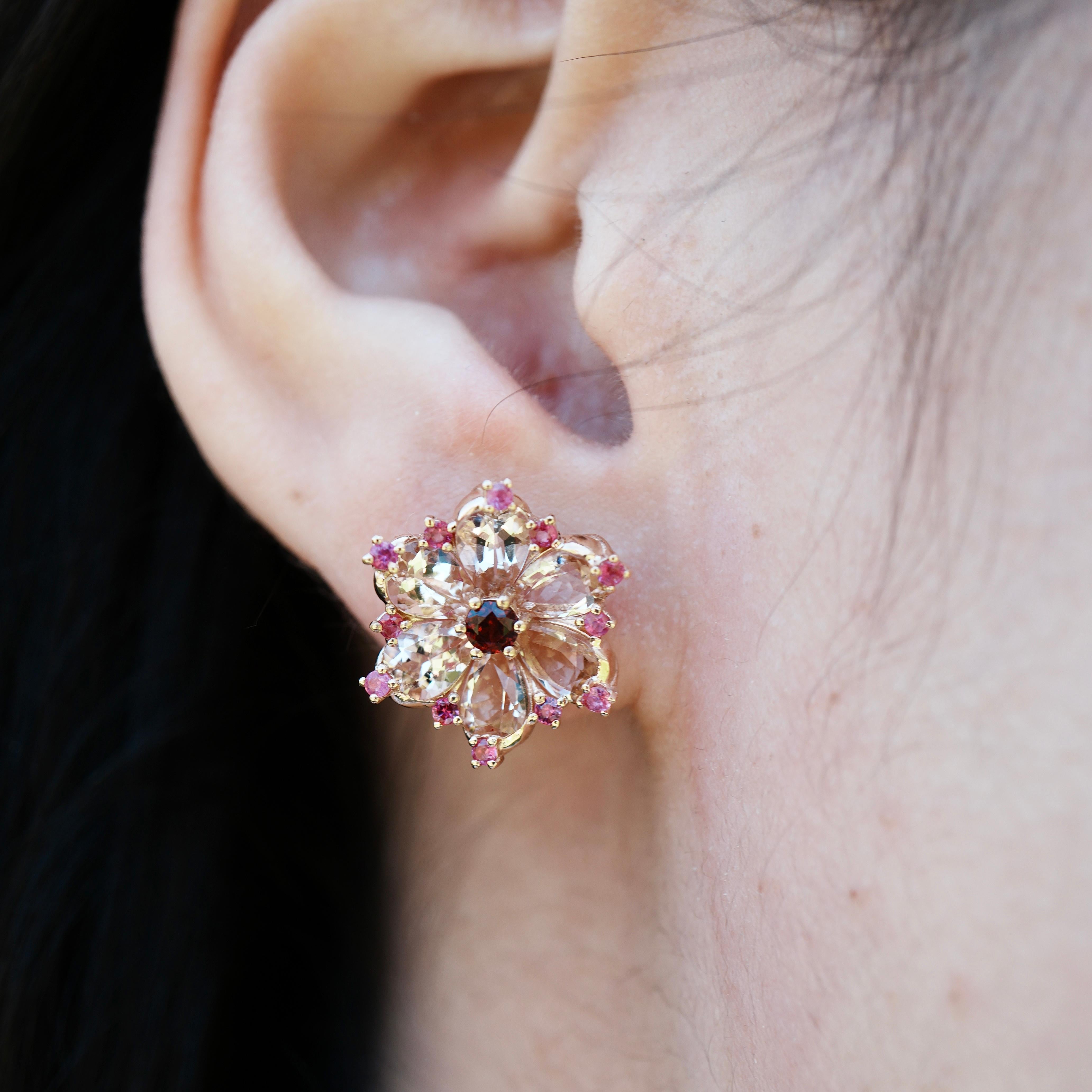 Nina Zhou 5.45ctw Morganite, Pink Sapphire, Rhodolite Carnation Flower Earrrings Corte brillante en venta