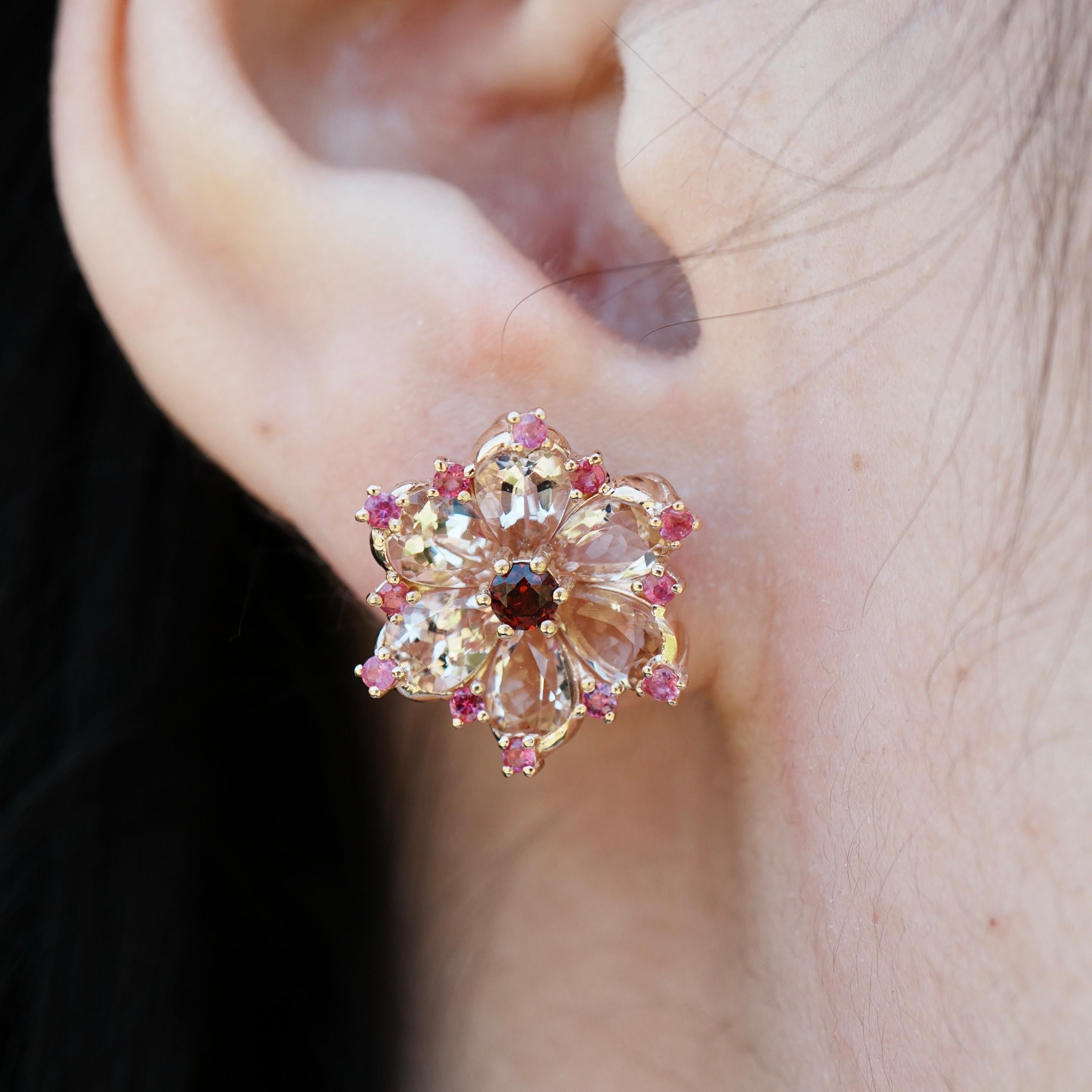 De las mujeres Nina Zhou 5.45ctw Morganite, Pink Sapphire, Rhodolite Carnation Flower Earrrings en venta