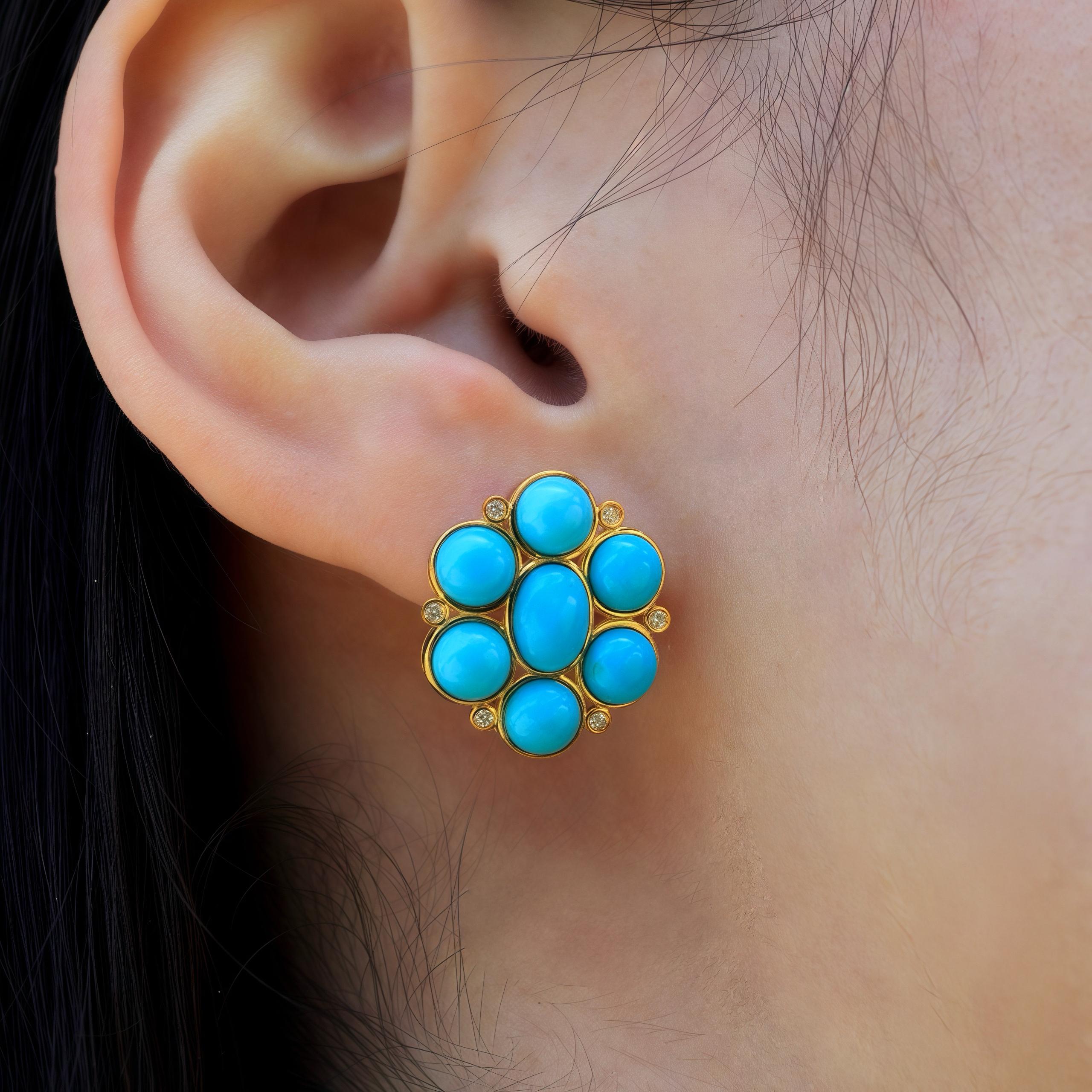Cabochon Nina Zhou Celestial 8.12 ctw Turquoise & Diamond Cluster Earrings For Sale
