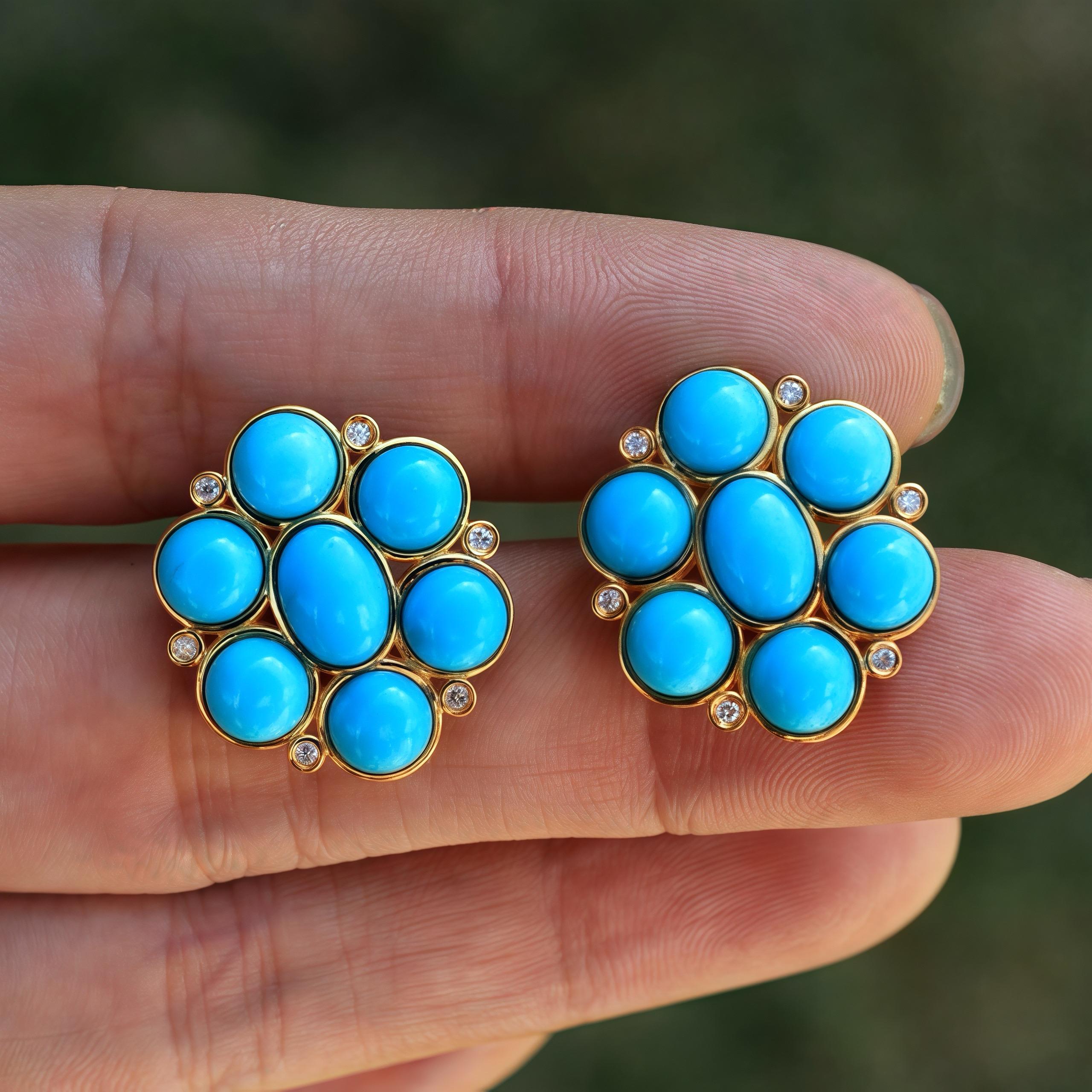 Nina Zhou Celestial 8.12 ctw Turquoise & Diamond Cluster Earrings In New Condition For Sale In Rowland Heights, CA