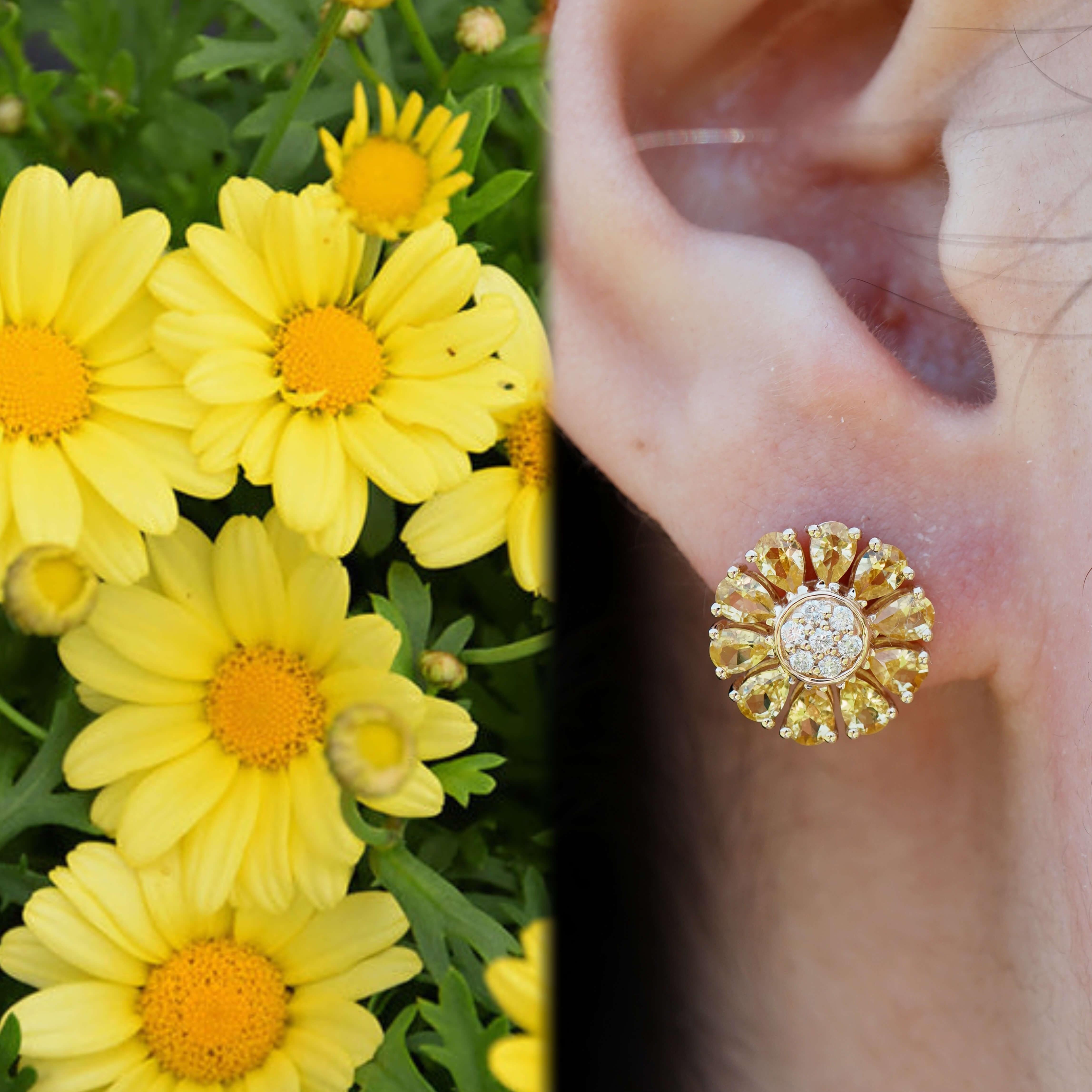 Drawing inspiration from the daisy—the birth flower of April—these earrings are a celebration of light, joy, and sincere affection. Each earring is composed of brilliant yellow sapphires, meticulously arranged as delicate petals encircling a