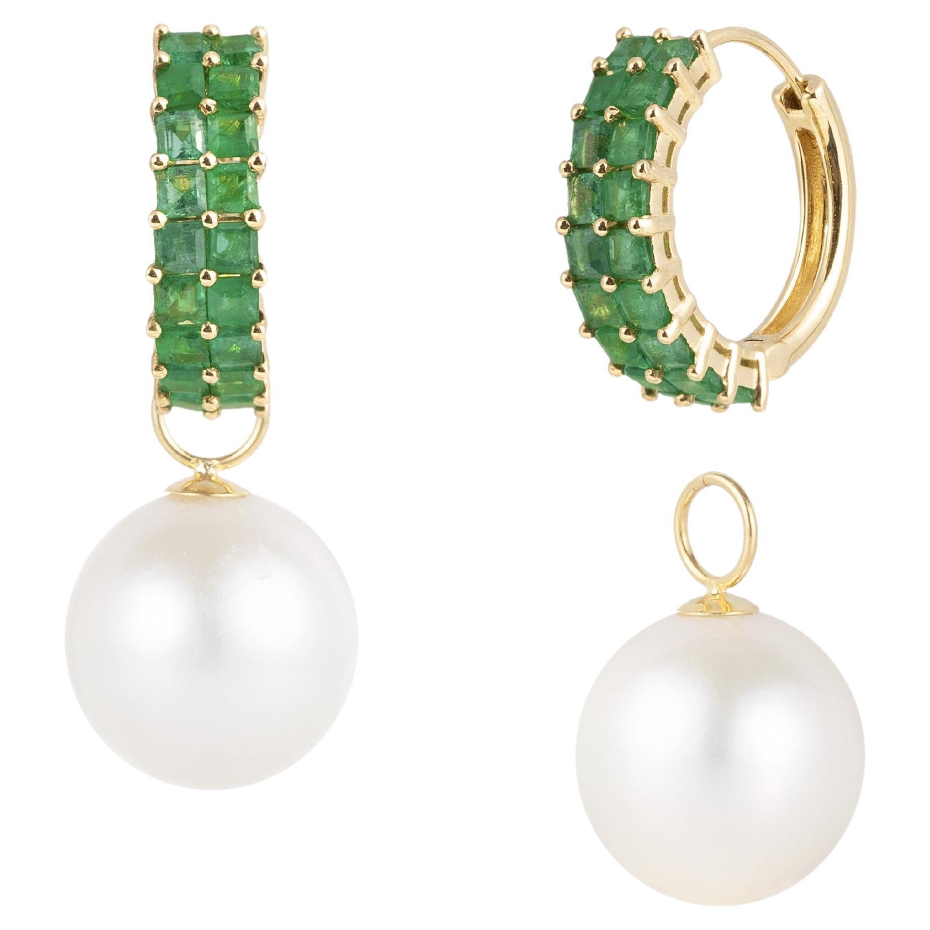 Nina Zhou Emerald Hoop Earrings with 12-13mm Pearl Enhancers For Sale