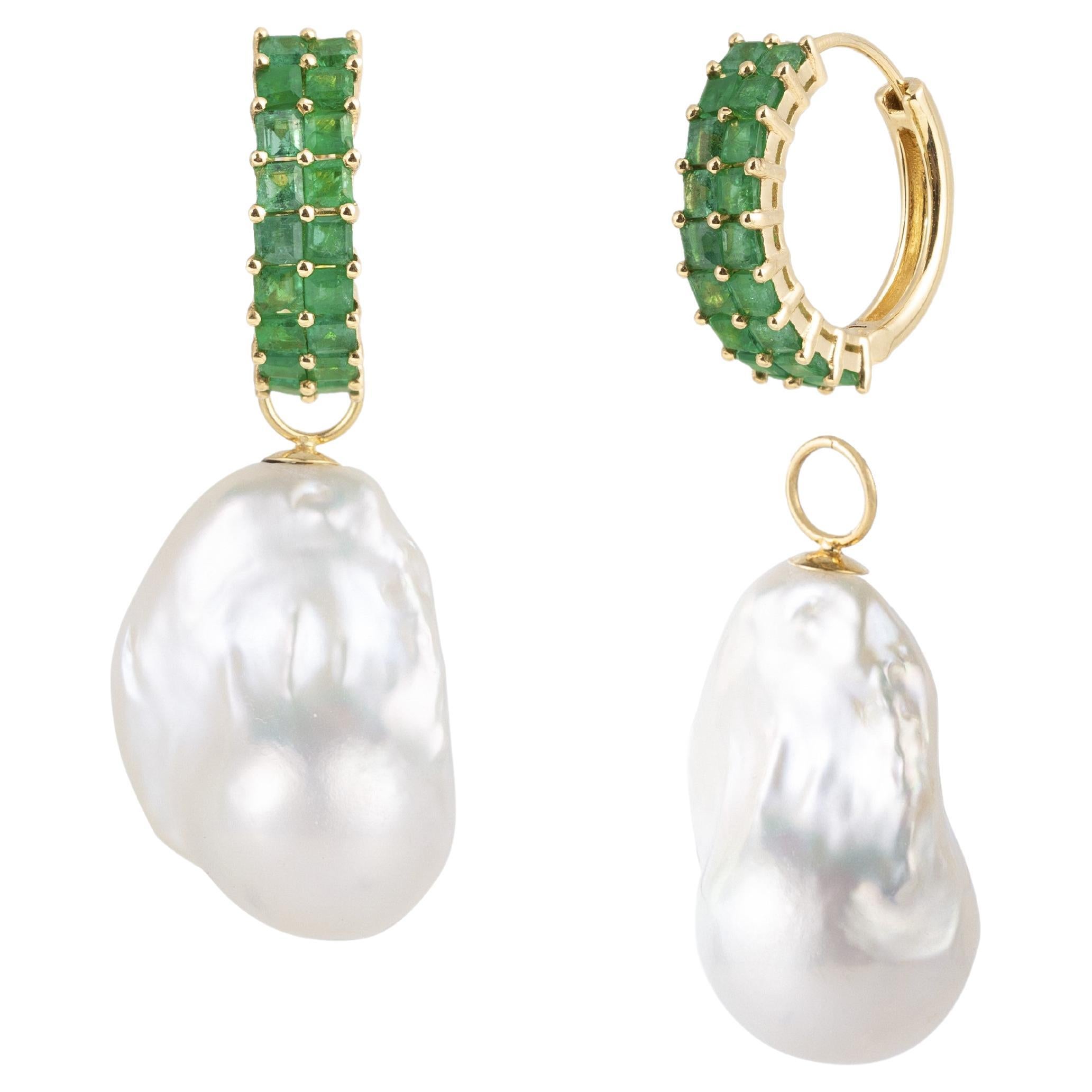 Nina Zhou Emerald Hoop Earrings with Baroque Pearl Enhancers