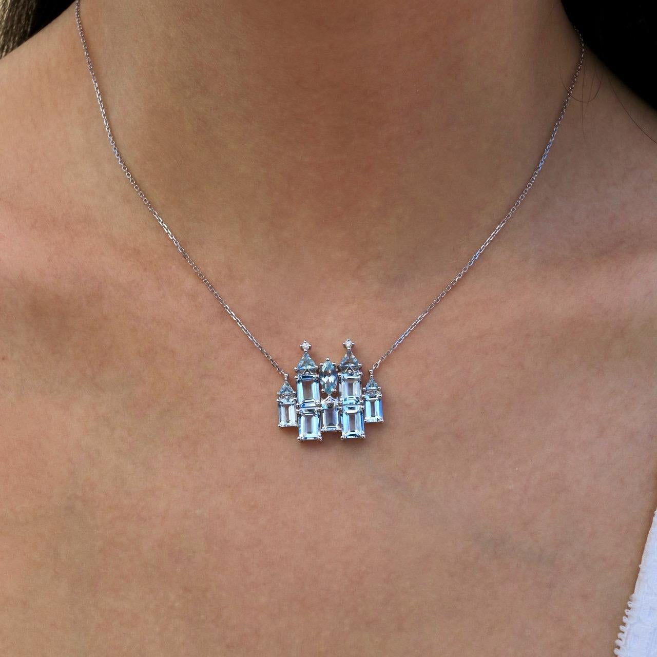 Modern Nina Zhou Fantasy Aquamarine Diamond Castle Pendent Necklace in White Gold For Sale