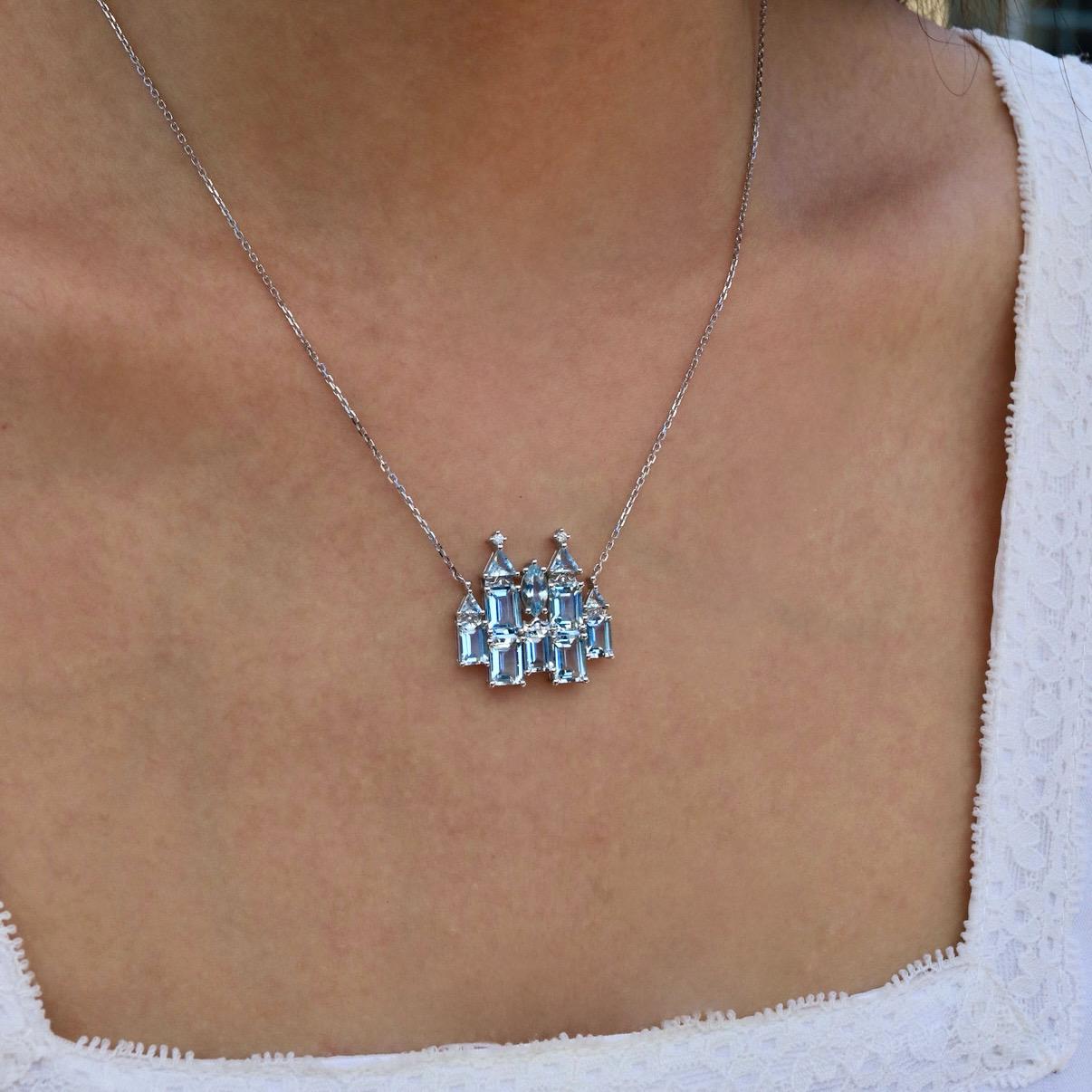 Brilliant Cut Nina Zhou Fantasy Aquamarine Diamond Castle Pendent Necklace in White Gold For Sale