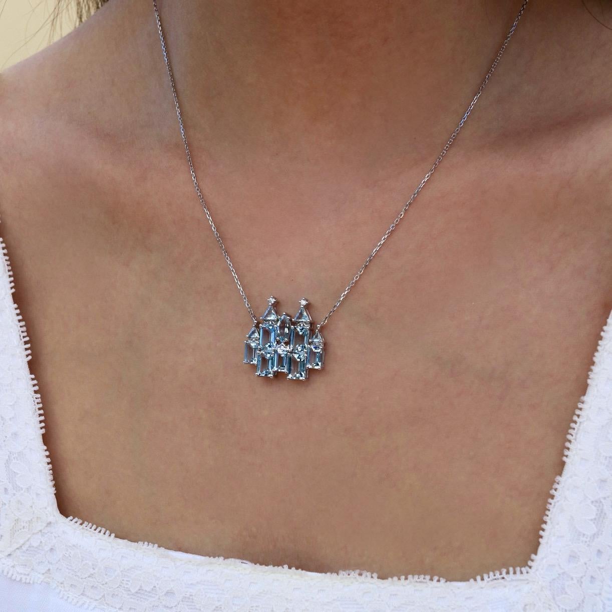 Nina Zhou Fantasy Aquamarine Diamond Castle Pendent Necklace in White Gold In New Condition For Sale In Rowland Heights, CA