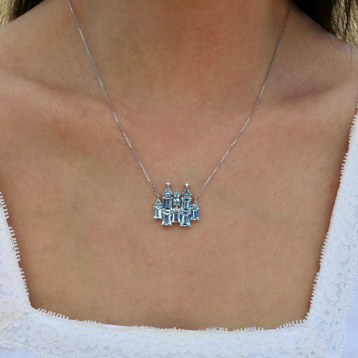 Women's Nina Zhou Fantasy Aquamarine Diamond Castle Pendent Necklace in White Gold For Sale