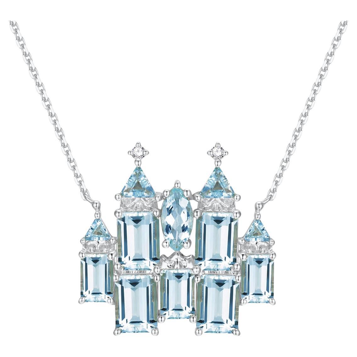 Nina Zhou Fantasy Aquamarine Diamond Castle Pendent Necklace in White Gold